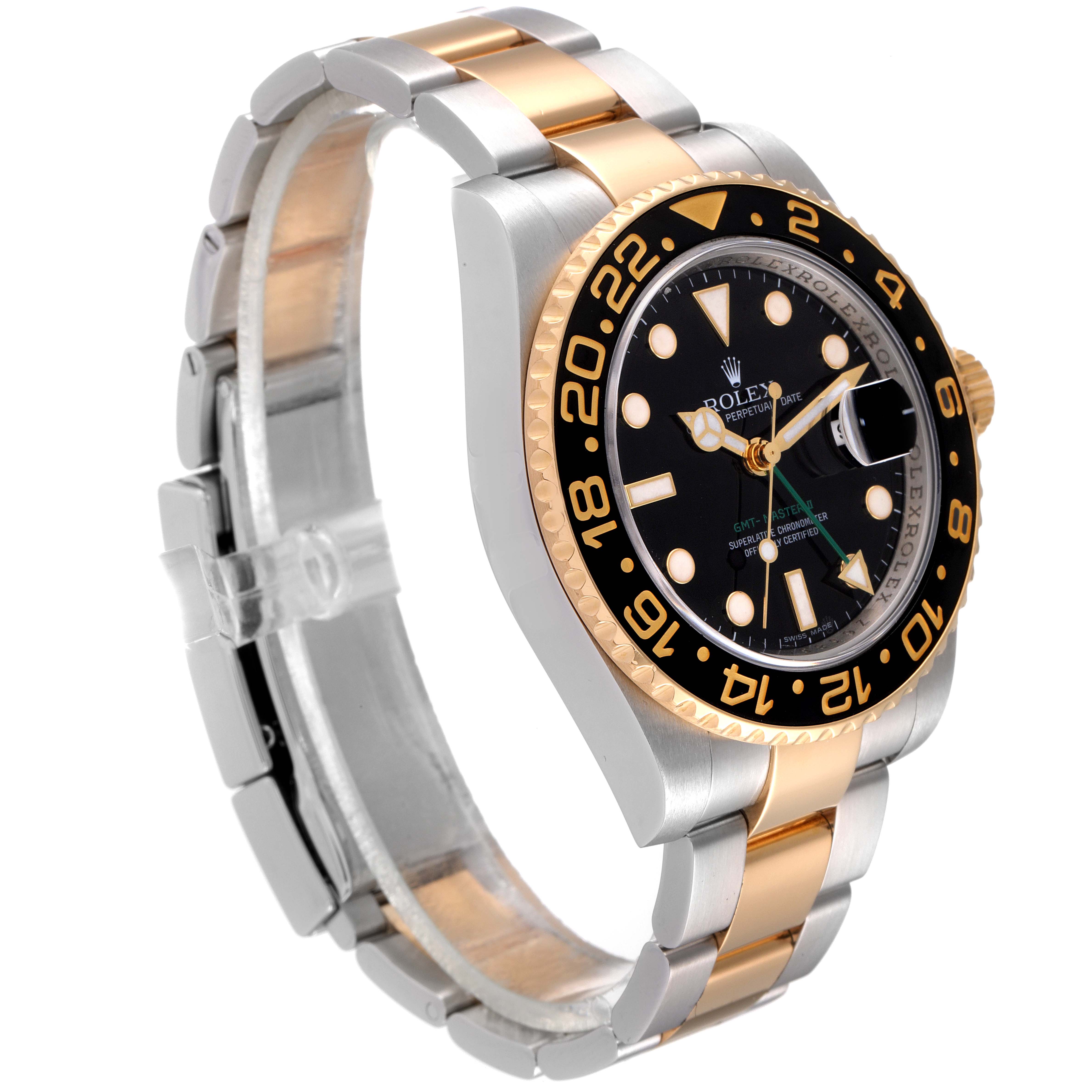 The image shows a side angle of the Rolex GMT-Master 116713 Men's Steel and Gold (two tone) Black Dial 116713 Men's Steel and Gold (two tone) Black Dial watch, highlighting its bezel, face, and two-tone bracelet.