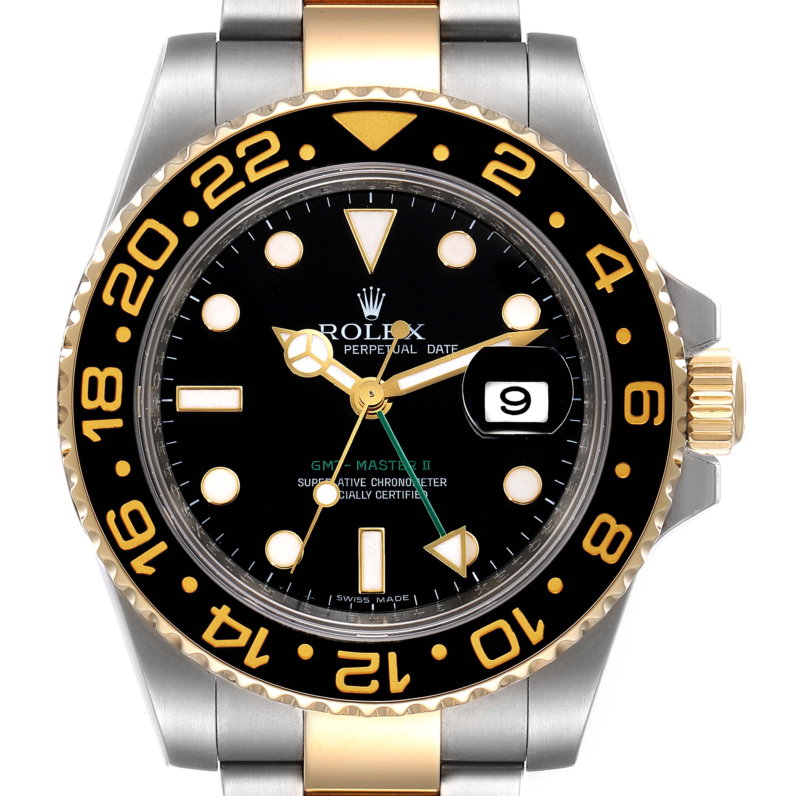 This image shows the front view of the Rolex GMT-Master 116713 Men's Steel and Gold (two tone) Black Dial 116713 Men's Steel and Gold (two tone) Black Dial watch, highlighting the dial, bezel, hands, and bracelet.