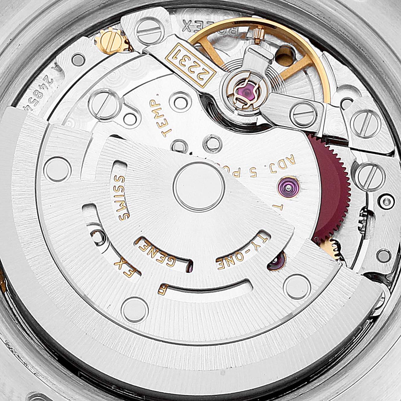 This image shows the internal mechanism of a Rolex Oyster Perpetual 176210 Women's Stainless Steel Black Dial 176210 Women's Stainless Steel Black Dial watch, highlighting the movement components from a top-down angle.