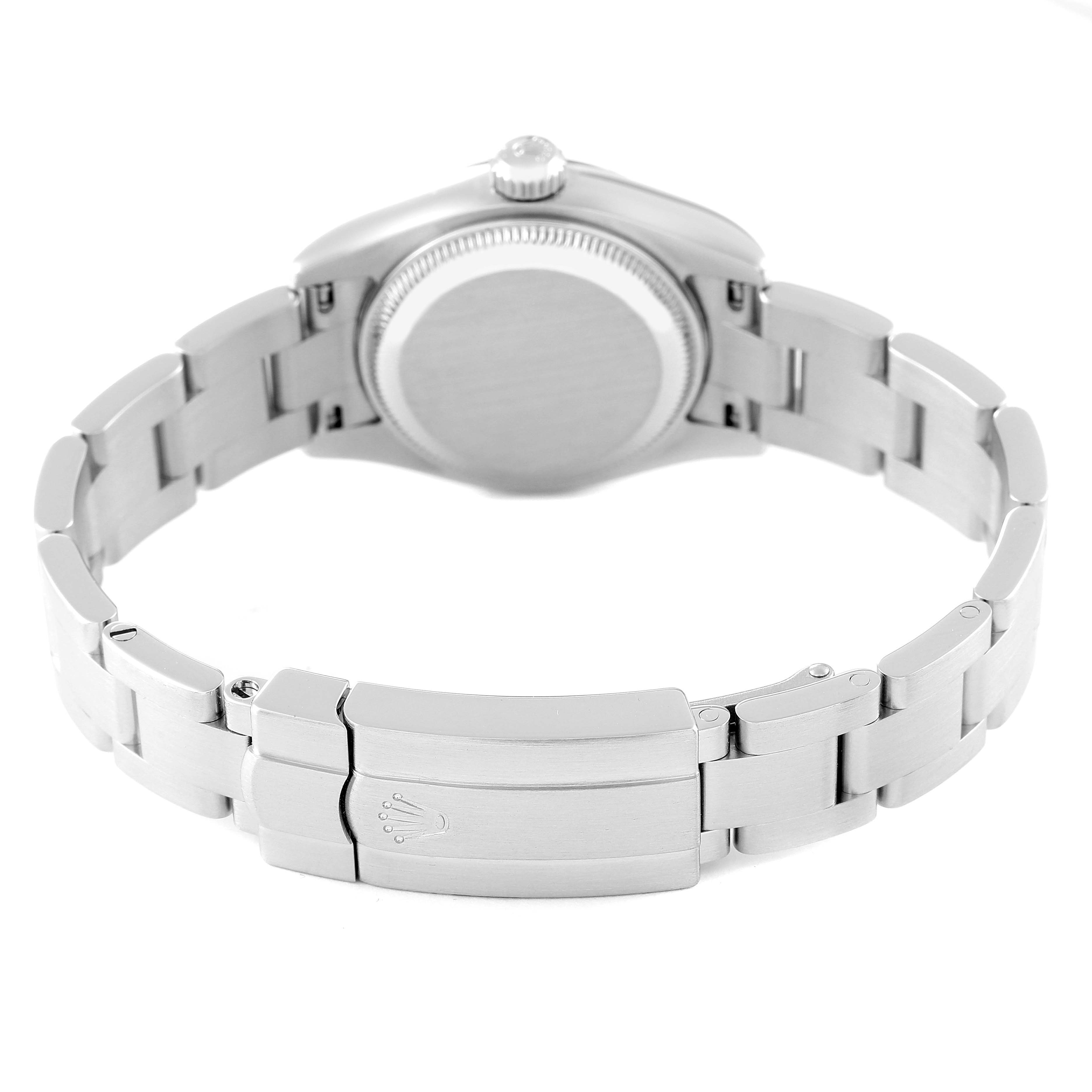 This image shows the back view, clasp, and stainless steel bracelet of the Rolex Oyster Perpetual 176210 Women's Stainless Steel Black Dial 176210 Women's Stainless Steel Black Dial watch.