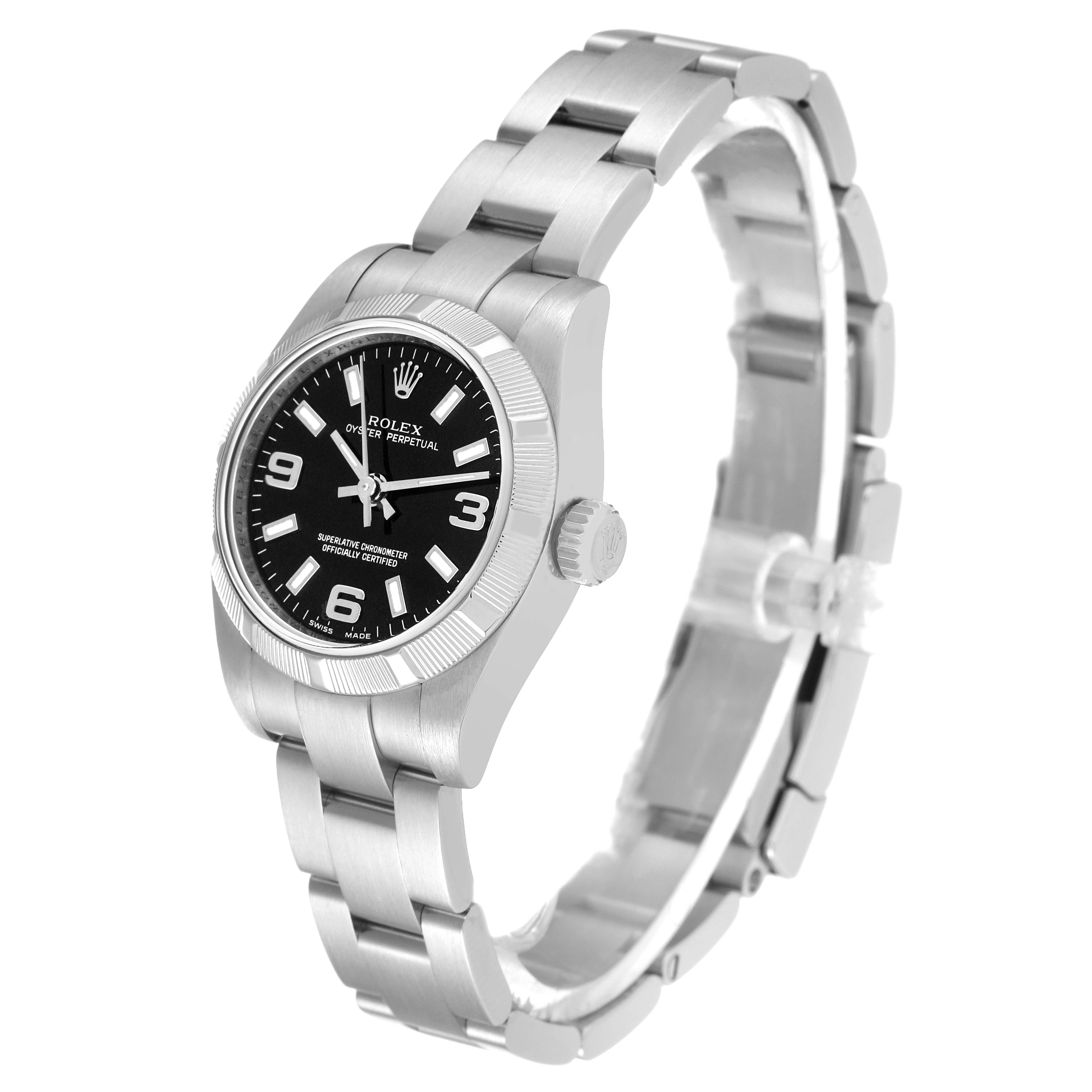 The image shows a side angle of a Rolex Oyster Perpetual 176210 Women's Stainless Steel Black Dial 176210 Women's Stainless Steel Black Dial watch, highlighting its bracelet, crown, and black dial.