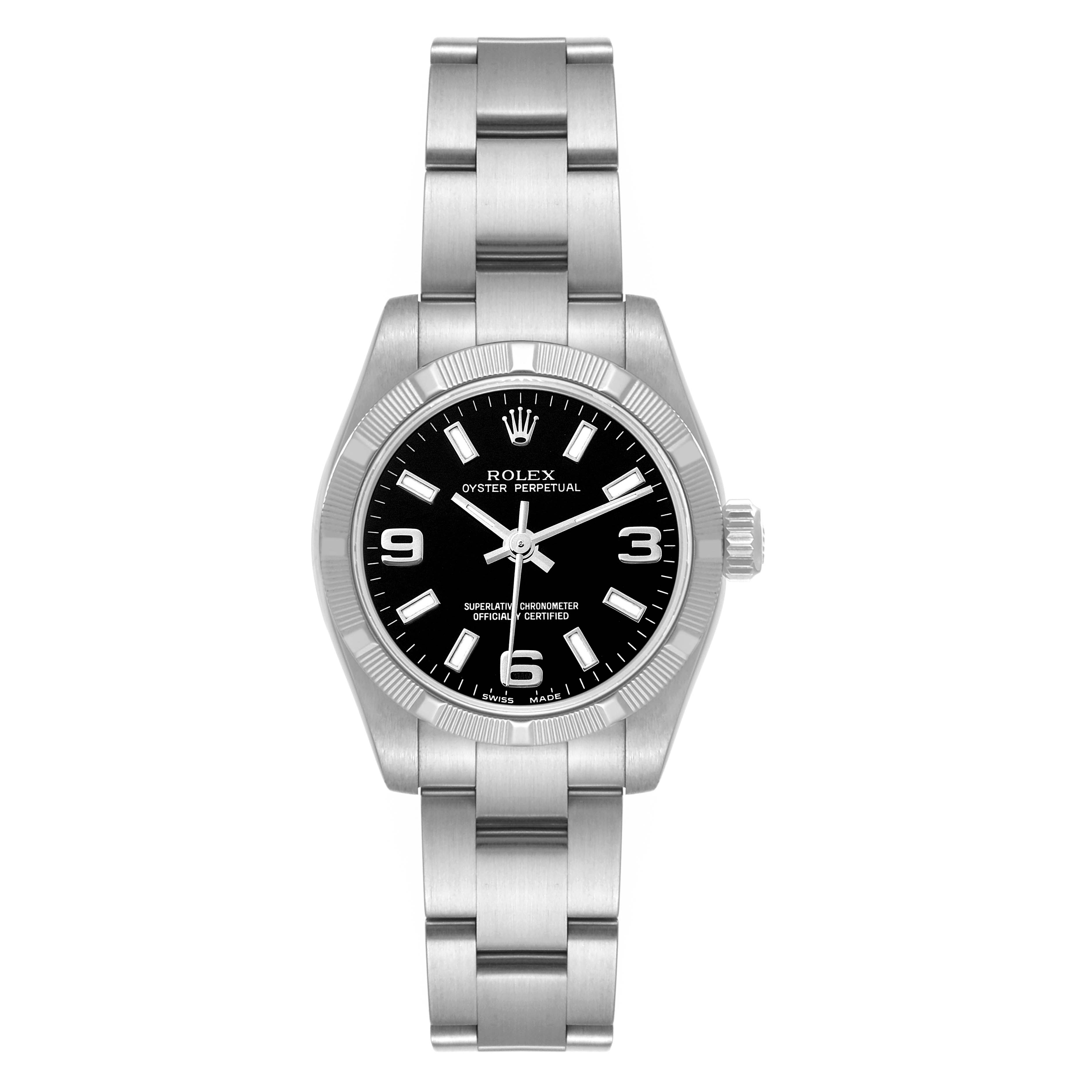 This image shows a frontal view of the Rolex Oyster Perpetual 176210 Women's Stainless Steel Black Dial 176210 Women's Stainless Steel Black Dial watch, displaying its face, bezel, and bracelet.