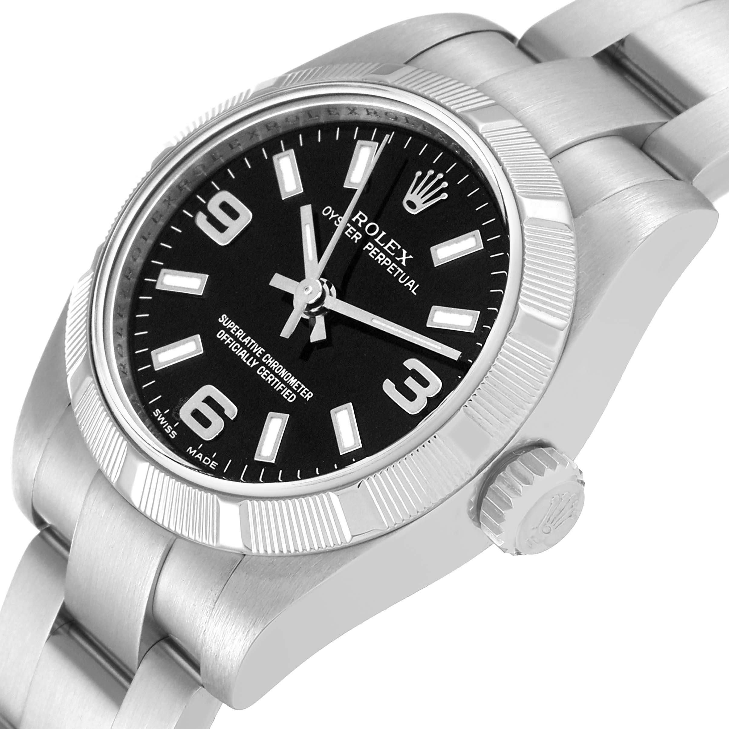 The image shows a close-up of a Rolex Oyster Perpetual 176210 Women's Stainless Steel Black Dial 176210 Women's Stainless Steel Black Dial watch, highlighting the dial and the bracelet from a side angle.