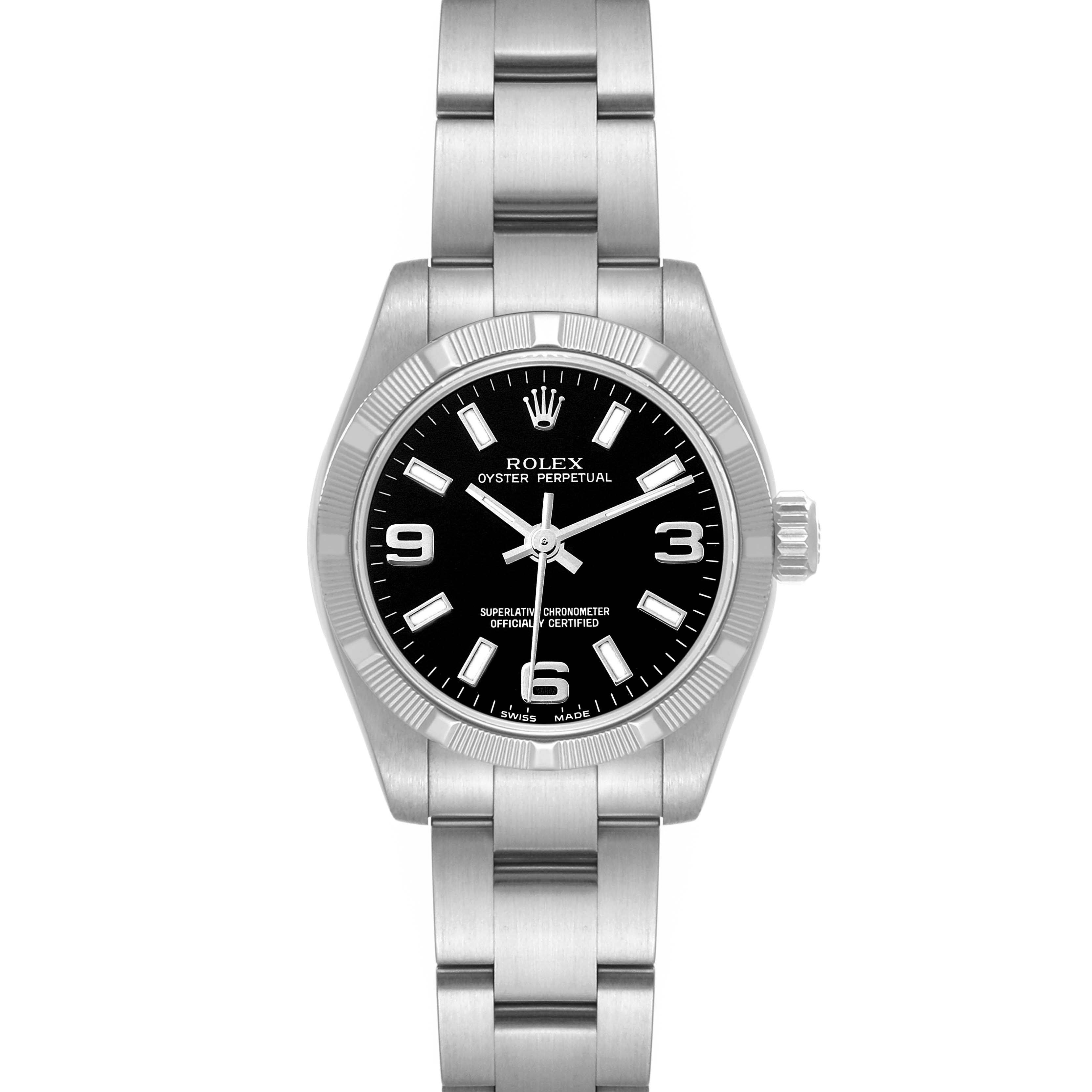 The image shows a front view of a Rolex Oyster Perpetual 176210 Women's Stainless Steel Black Dial 176210 Women's Stainless Steel Black Dial watch featuring its face, bezel, and bracelet.