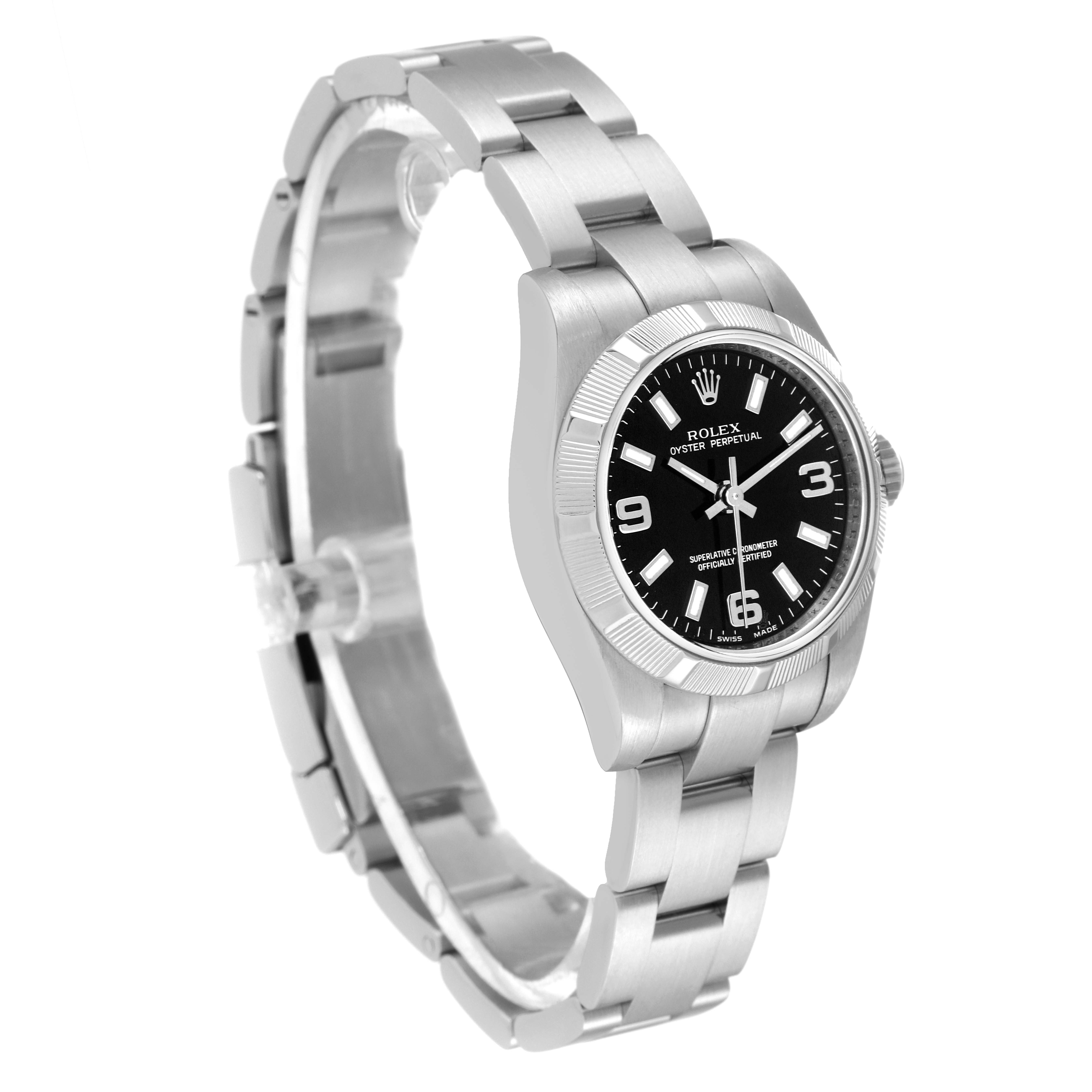 The image shows a Rolex Oyster Perpetual 176210 Women's Stainless Steel Black Dial 176210 Women's Stainless Steel Black Dial watch from a side angle, highlighting the band and face.