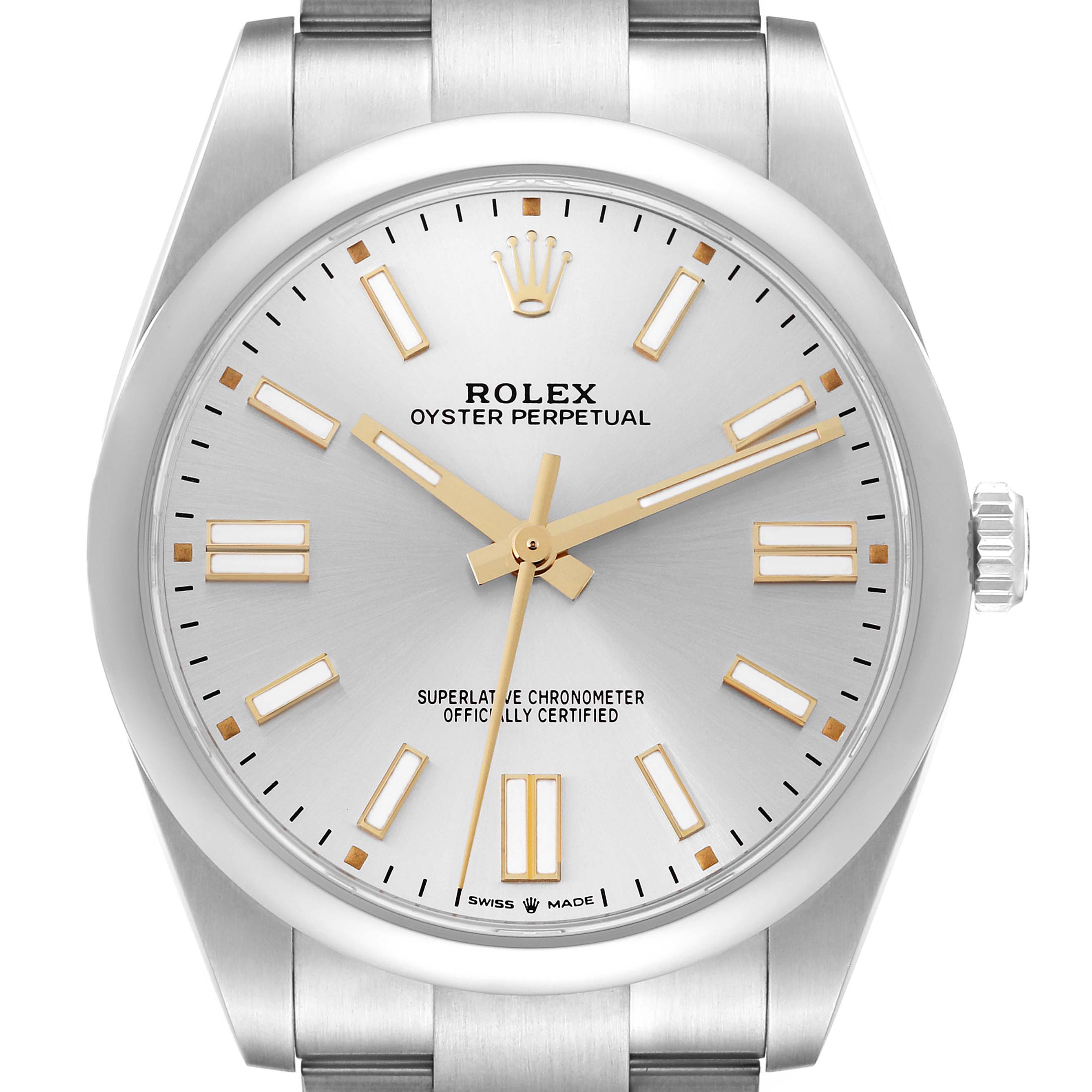 The image shows the front dial and part of the bracelet of the Rolex Oyster Perpetual 124300 Men's Stainless Steel Silver Dial 124300 Men's Stainless Steel Silver Dial watch.