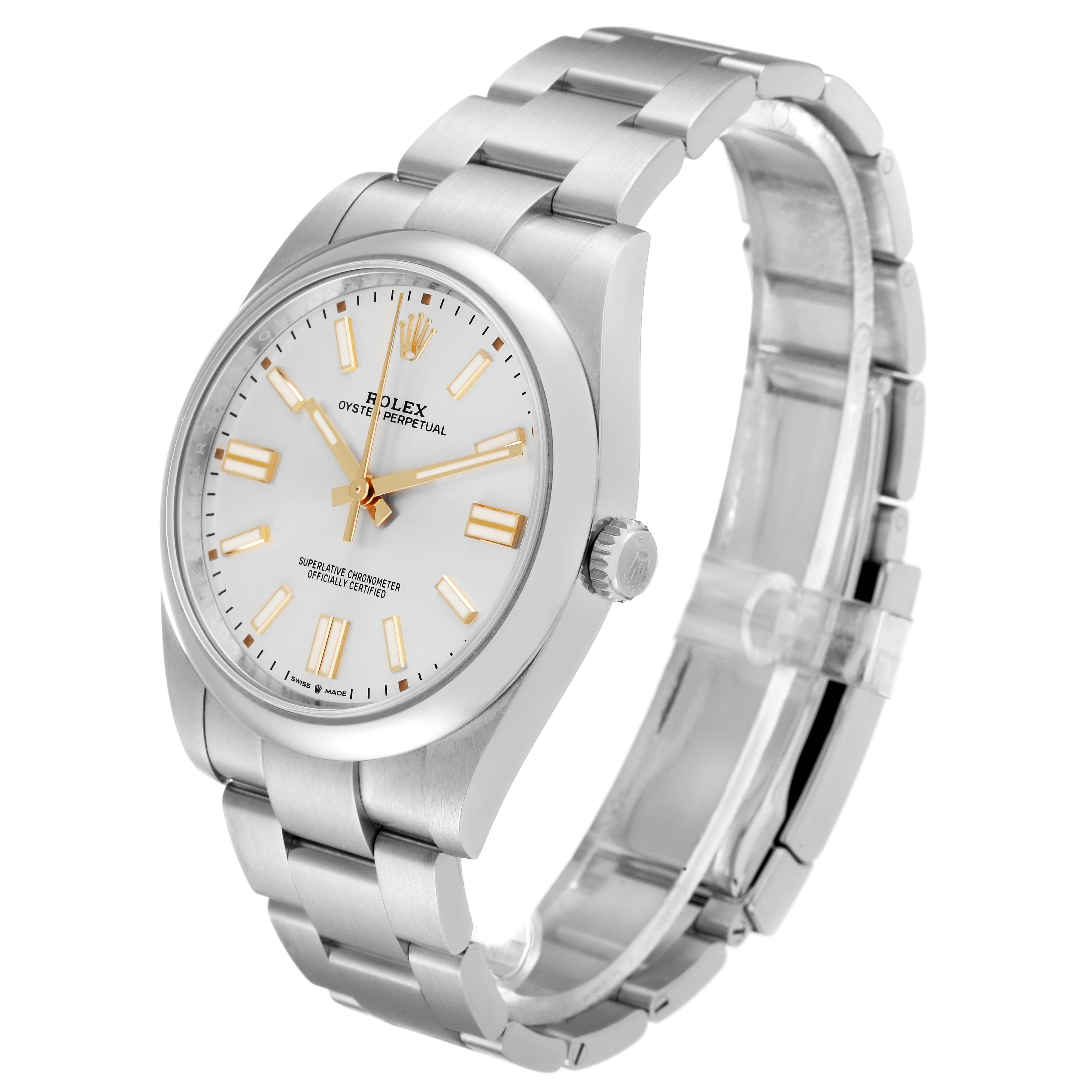 The Rolex Oyster Perpetual 124300 Men's Stainless Steel Silver Dial 124300 Men's Stainless Steel Silver Dial watch is shown at a slight angle displaying the dial, bracelet, and crown.