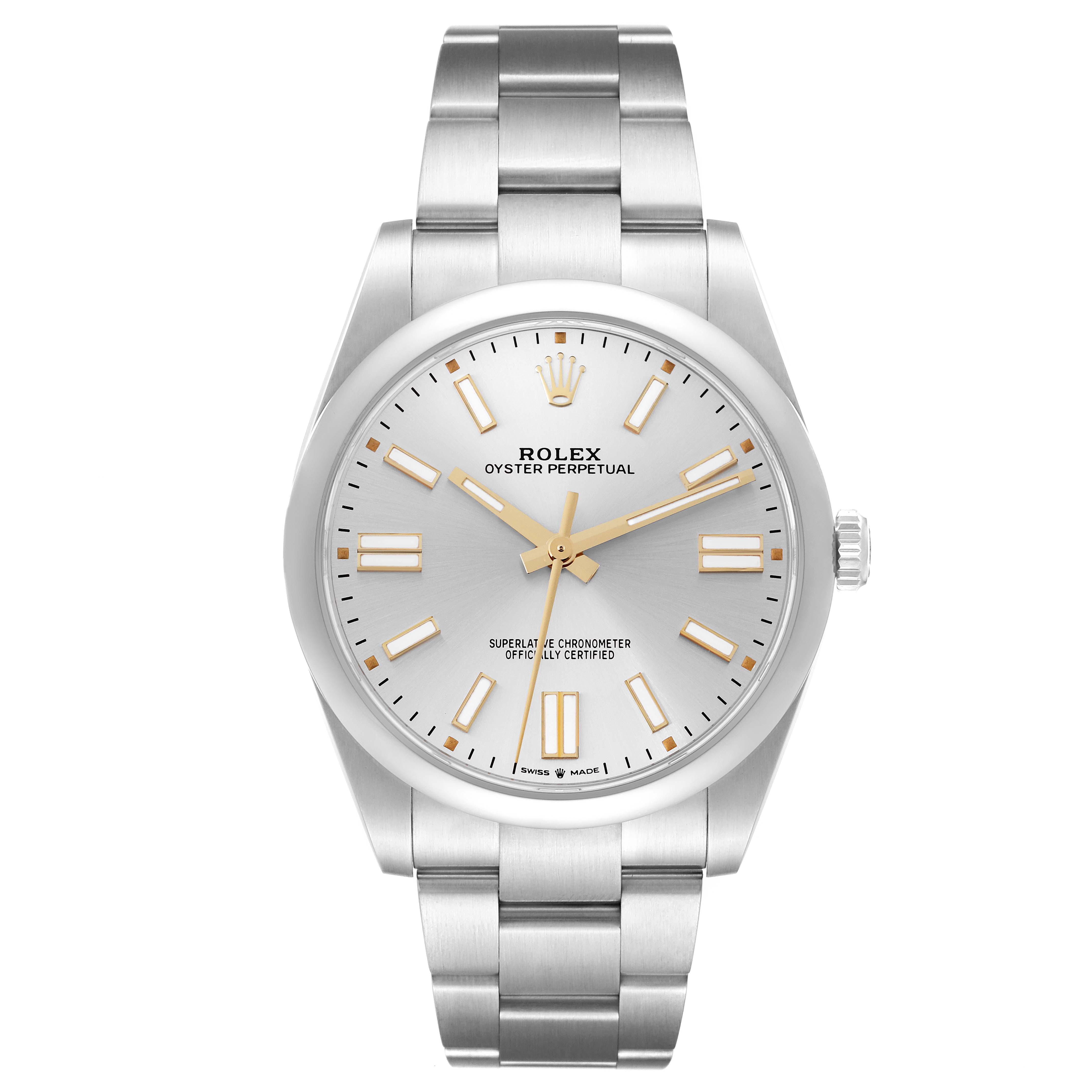 This image shows a front view of a Rolex Oyster Perpetual 124300 Men's Stainless Steel Silver Dial 124300 Men's Stainless Steel Silver Dial watch, displaying its dial, hands, and bracelet.