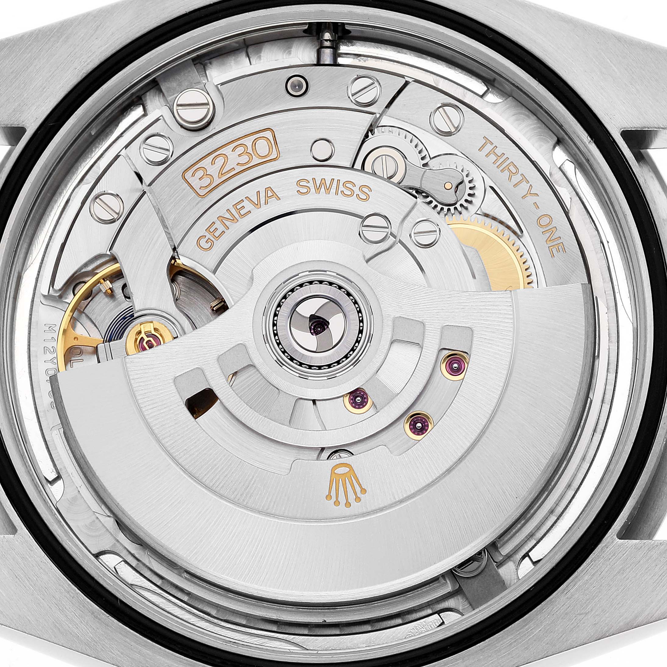 The image shows the movement and inner machinery of a Rolex Oyster Perpetual 124300 Men's Stainless Steel Silver Dial 124300 Men's Stainless Steel Silver Dial watch viewed from the case back.