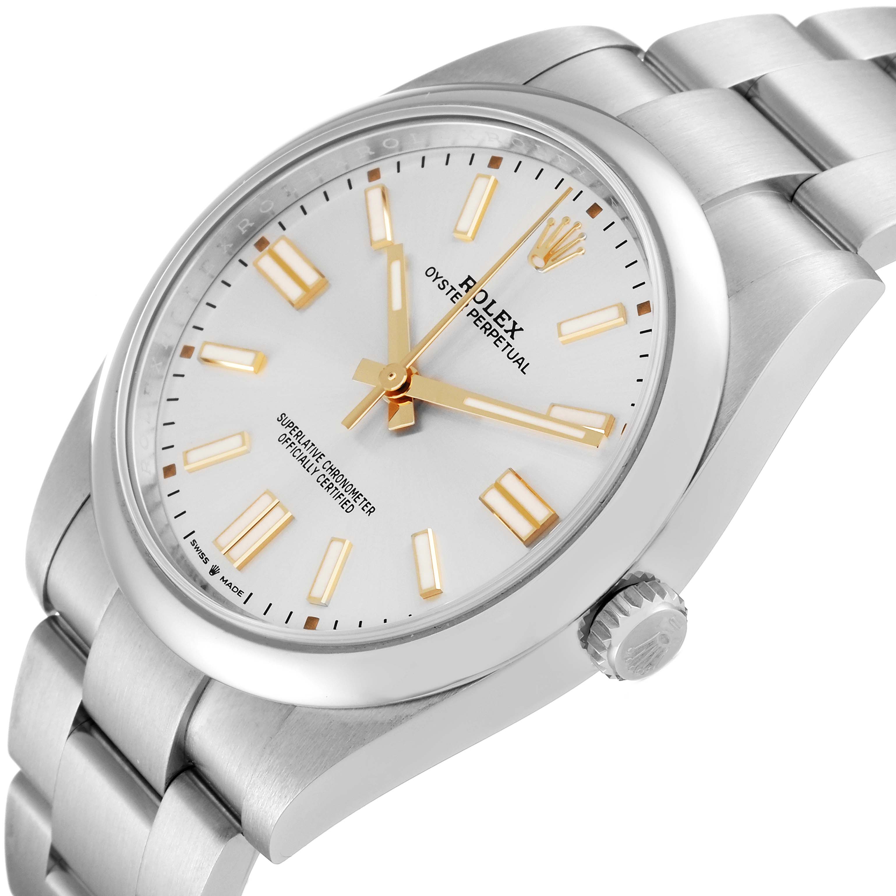 This image shows a Rolex Oyster Perpetual 124300 Men's Stainless Steel Silver Dial 124300 Men's Stainless Steel Silver Dial watch at an angled close-up, revealing the face, bezel, and part of the bracelet.