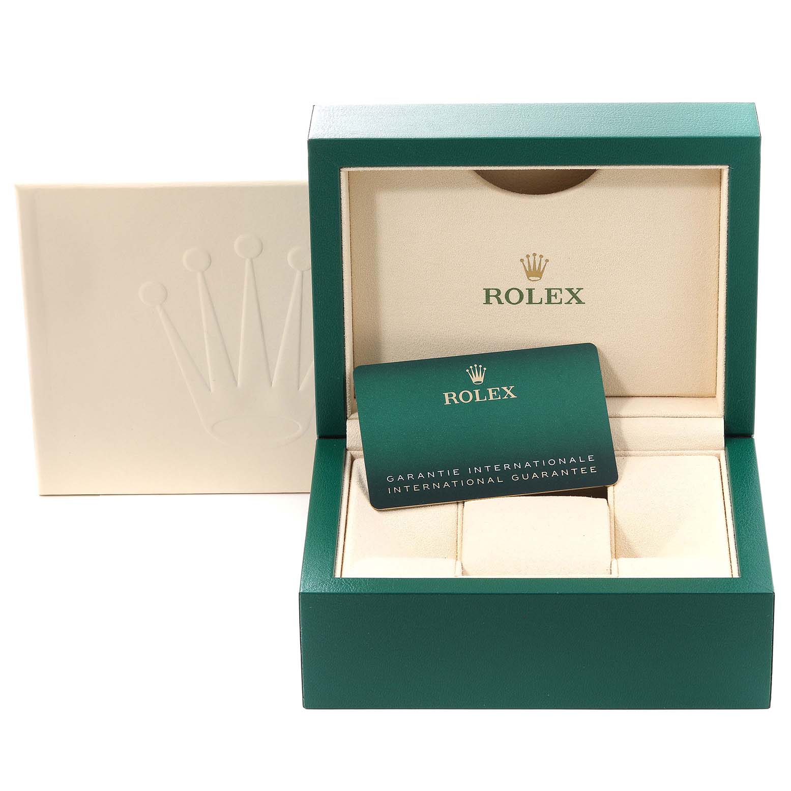 The image shows a Rolex Oyster Perpetual 124300 Men's Stainless Steel Silver Dial 124300 Men's Stainless Steel Silver Dial watch box and international guarantee card, viewed from a straight-on angle.