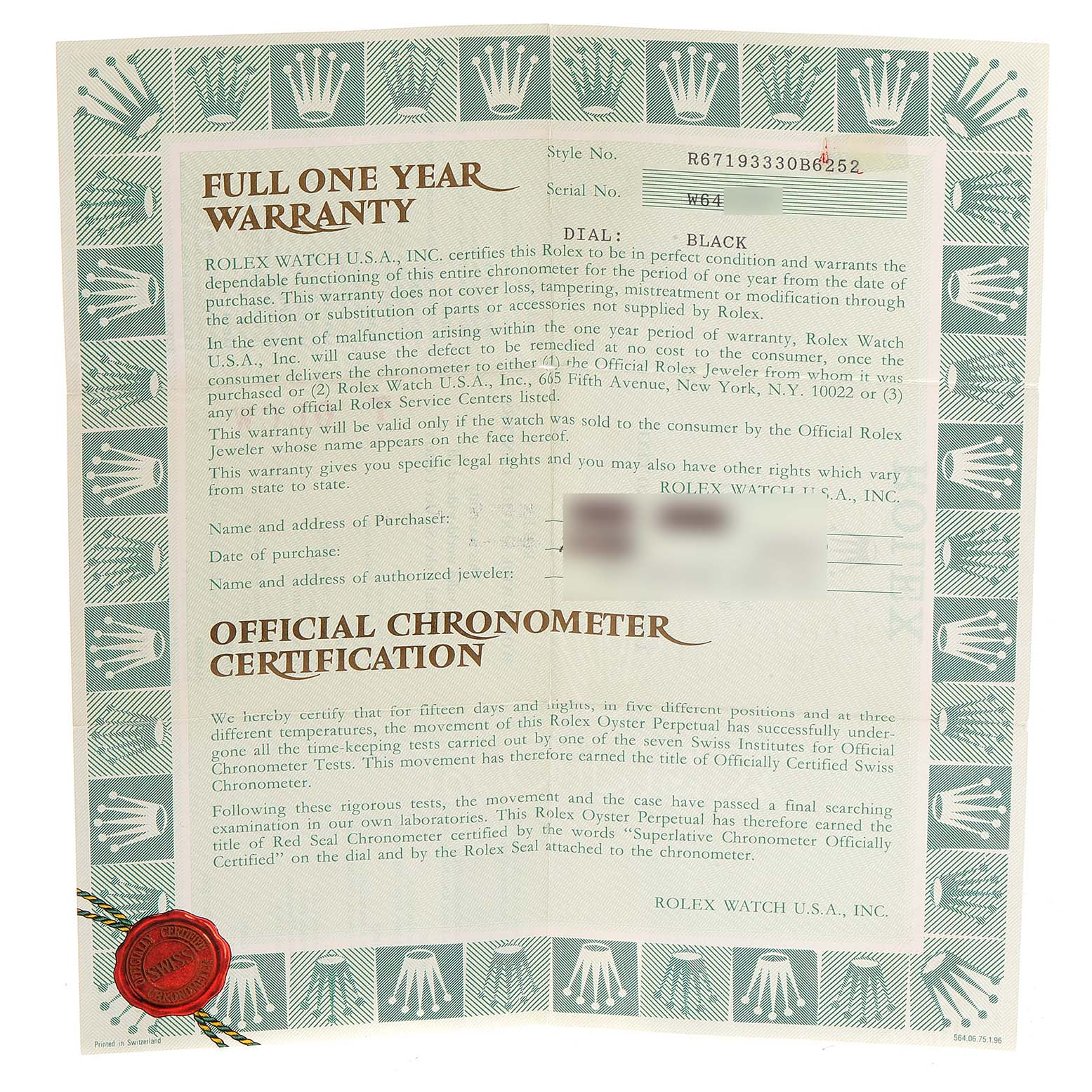 The image shows the official chronometer certification and one-year warranty document for a Rolex Oyster Perpetual 67193 Women's Steel and Gold (two tone) Black Dial 67193 Women's Steel and Gold (two tone) Black Dial model.