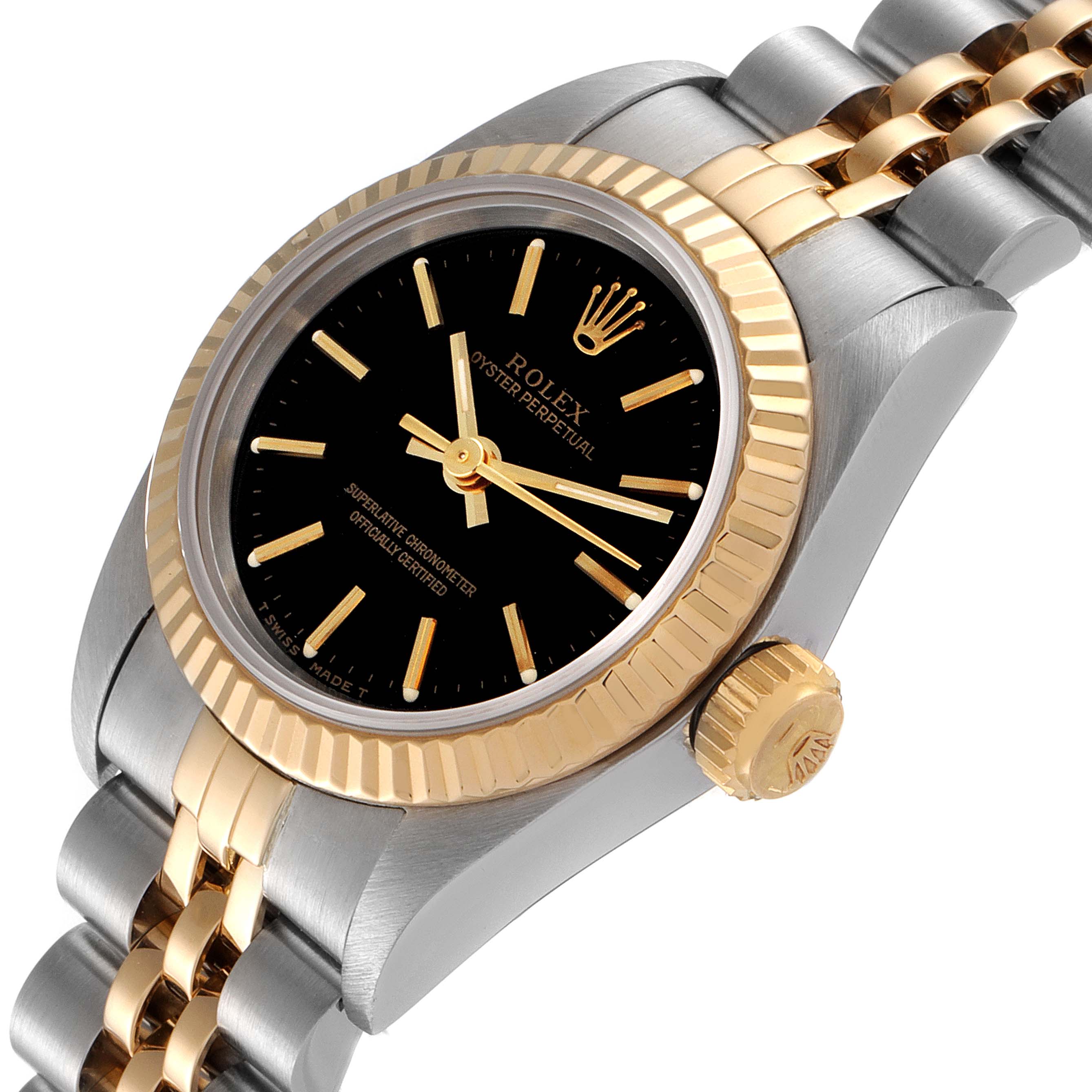The image shows a close-up angle of a Rolex Oyster Perpetual 67193 Women's Steel and Gold (two tone) Black Dial 67193 Women's Steel and Gold (two tone) Black Dial watch, focusing on the dial, bezel, and part of the bracelet.