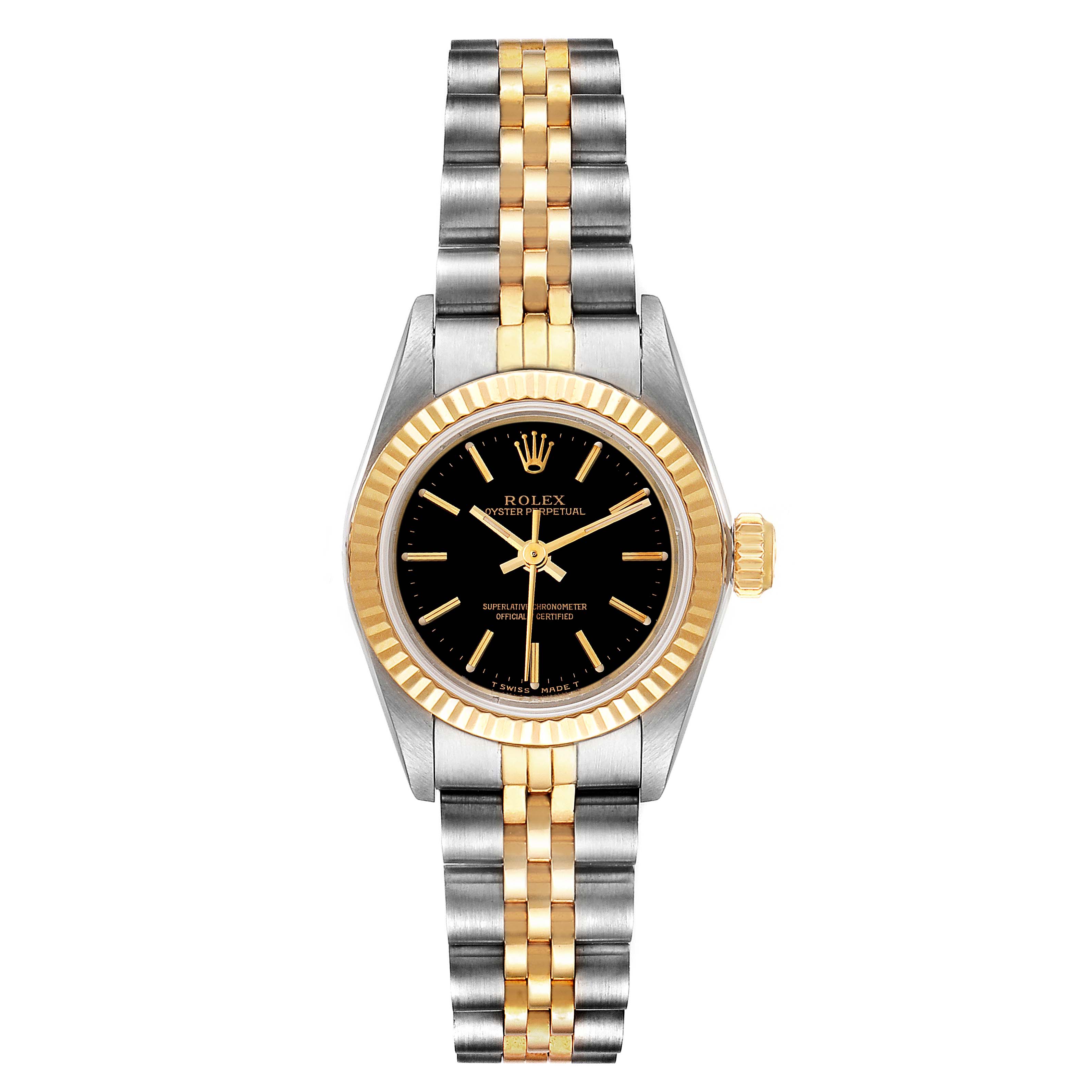 The Rolex Oyster Perpetual 67193 Women's Steel and Gold (two tone) Black Dial 67193 Women's Steel and Gold (two tone) Black Dial watch is shown from a front angle, highlighting its black dial, fluted bezel, and two-tone bracelet.