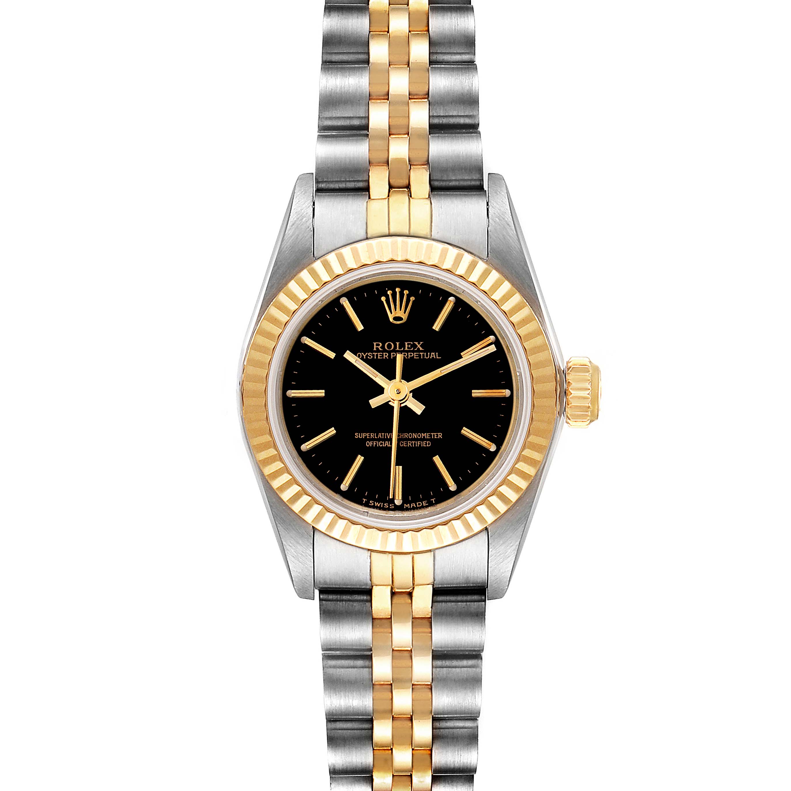 This image shows a front view of the Rolex Oyster Perpetual 67193 Women's Steel and Gold (two tone) Black Dial 67193 Women's Steel and Gold (two tone) Black Dial watch, highlighting its two-tone bracelet, black dial, and gold fluted bezel.
