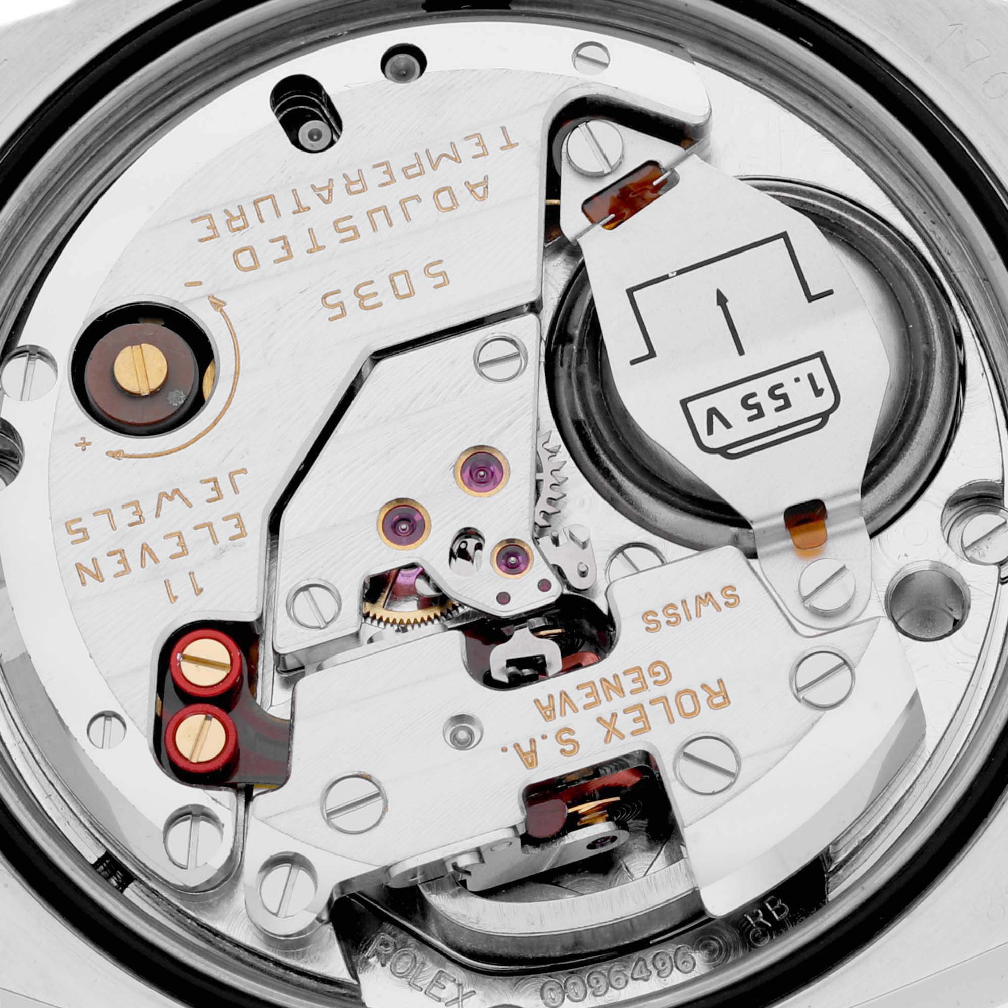 This close-up image shows the internal movement components of a Rolex Oysterquartz 17014 Men
s Stainless Steel Silver Dial 17014 Men
s Stainless Steel Silver Dial watch model.