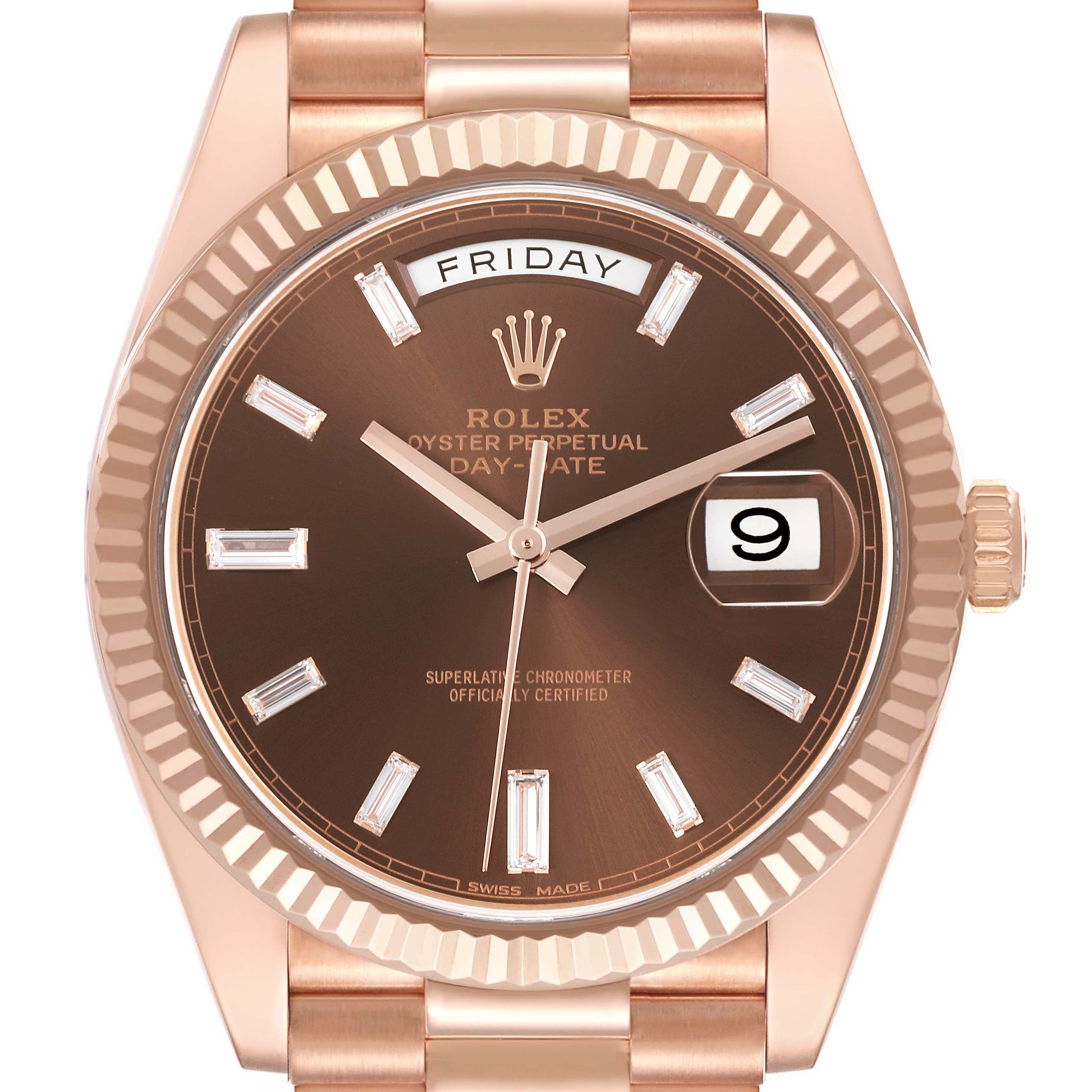The Rolex President 228235 Men's Rose Gold Brown Dial 228235 Men's Rose Gold Brown Dial model watch is shown from the front, highlighting the brown dial, day-date feature, and gold bracelet.