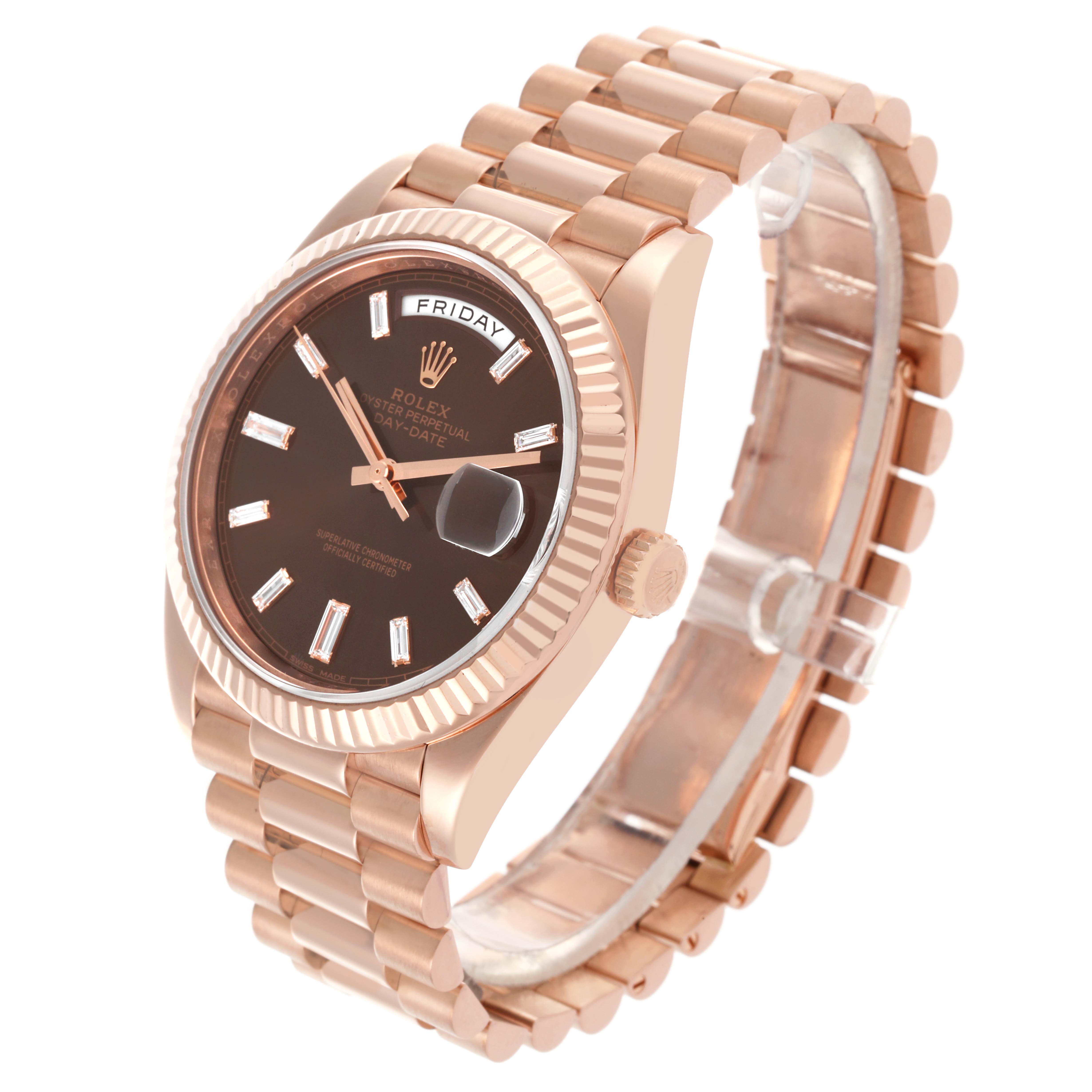 The Rolex President 228235 Men's Rose Gold Brown Dial 228235 Men's Rose Gold Brown Dial model is shown at a three-quarter angle, displaying the face, bezel, crown, and part of the bracelet.