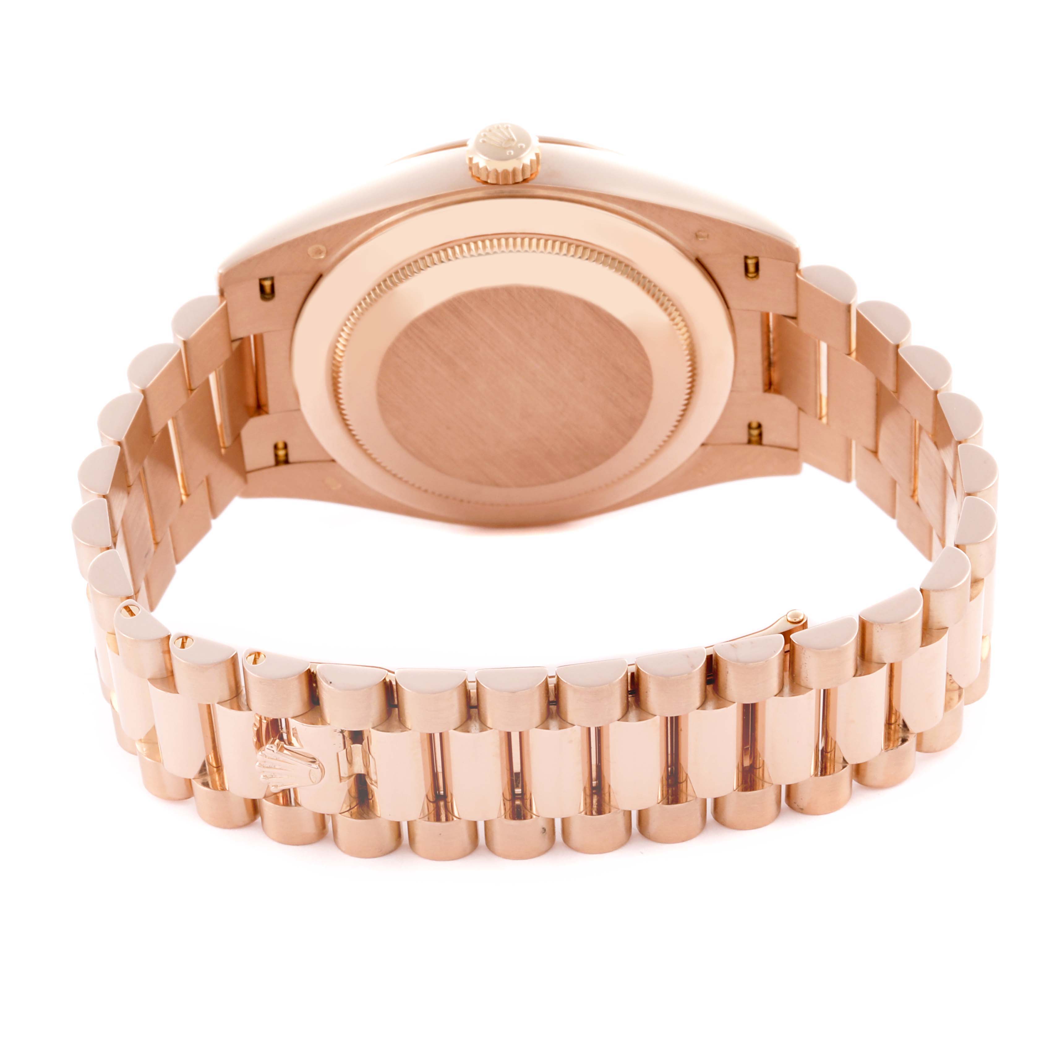 The image shows the back view of a Rolex President 228235 Men's Rose Gold Brown Dial 228235 Men's Rose Gold Brown Dial model, highlighting the case back and part of the bracelet.