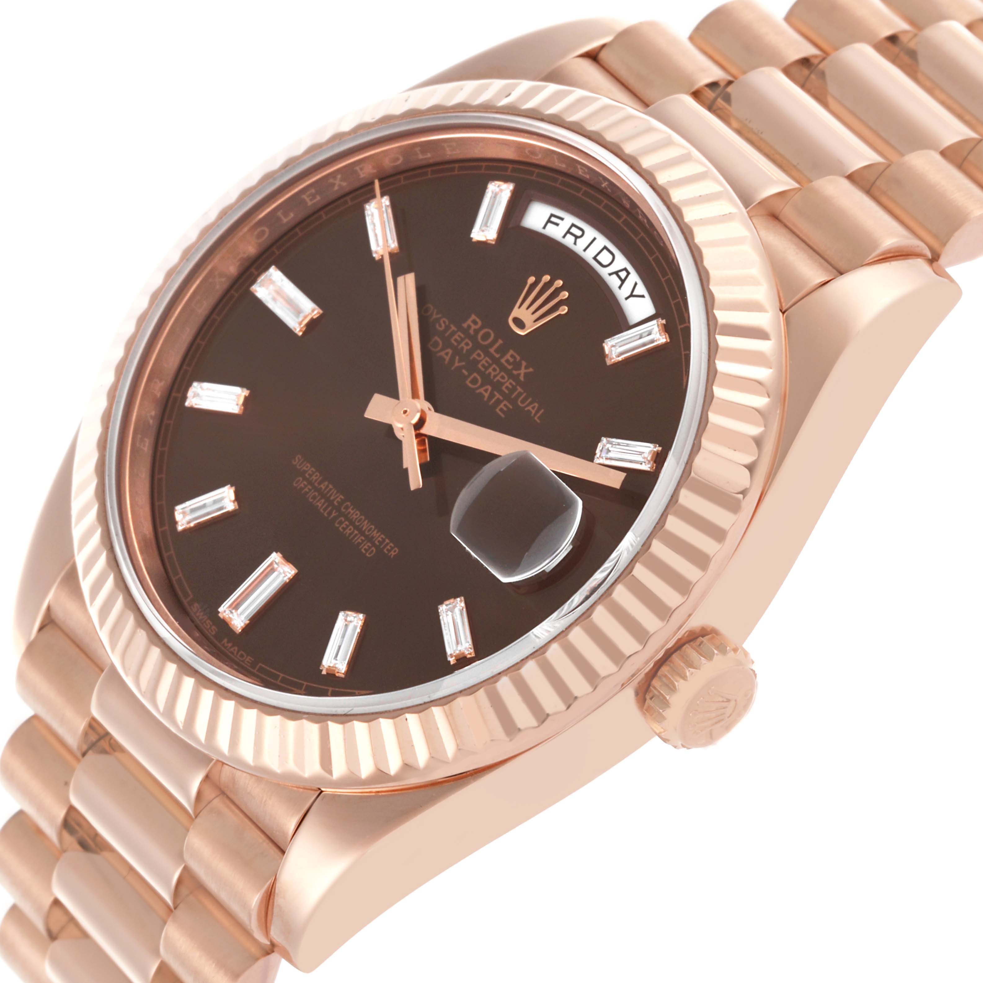 The Rolex President 228235 Men's Rose Gold Brown Dial 228235 Men's Rose Gold Brown Dial watch is shown at an angle highlighting the dial, bezel, bracelet, and crown.