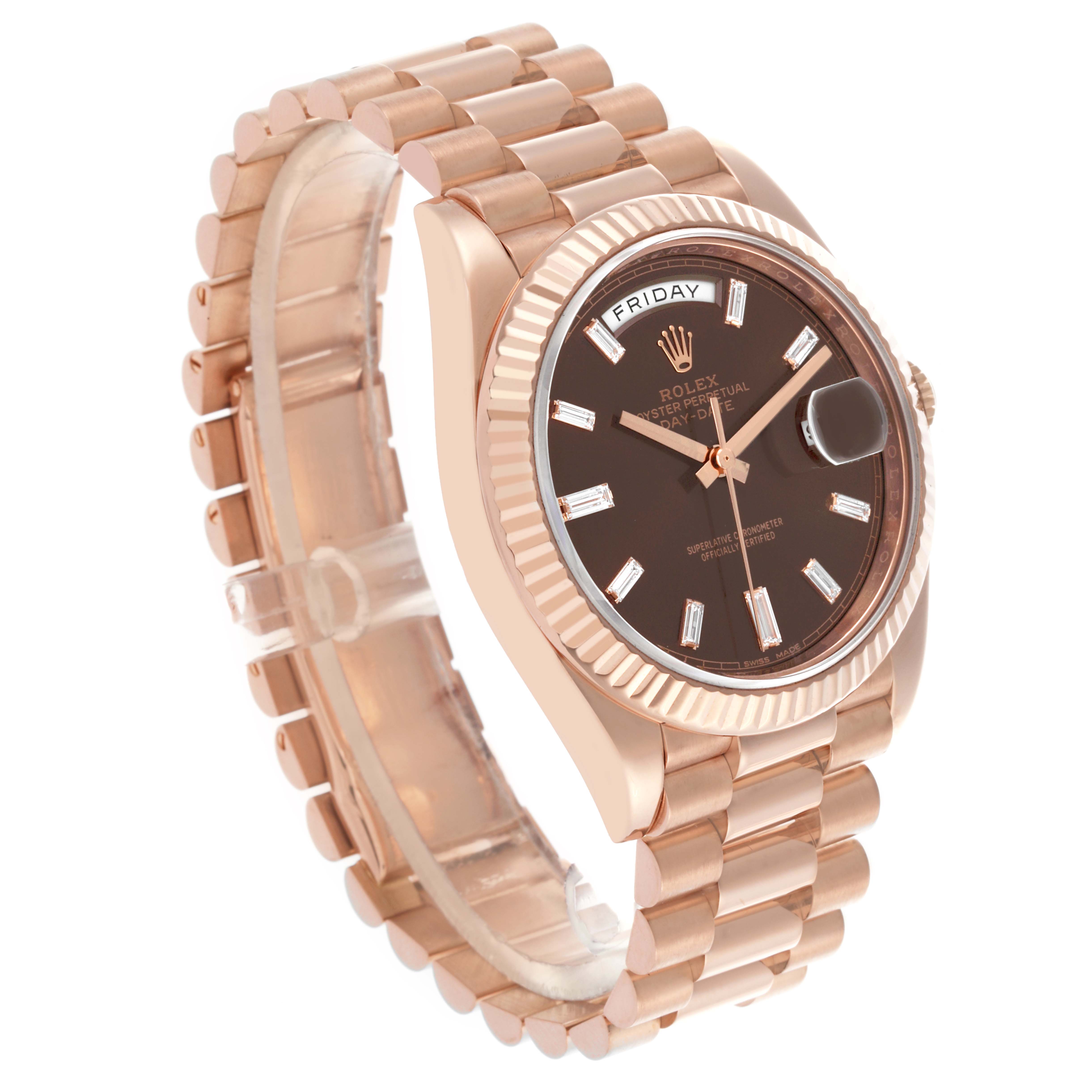 This Rolex President 228235 Men's Rose Gold Brown Dial 228235 Men's Rose Gold Brown Dial watch is shown at a slight angle, displaying the face, bezel, bracelet, and part of the crown.