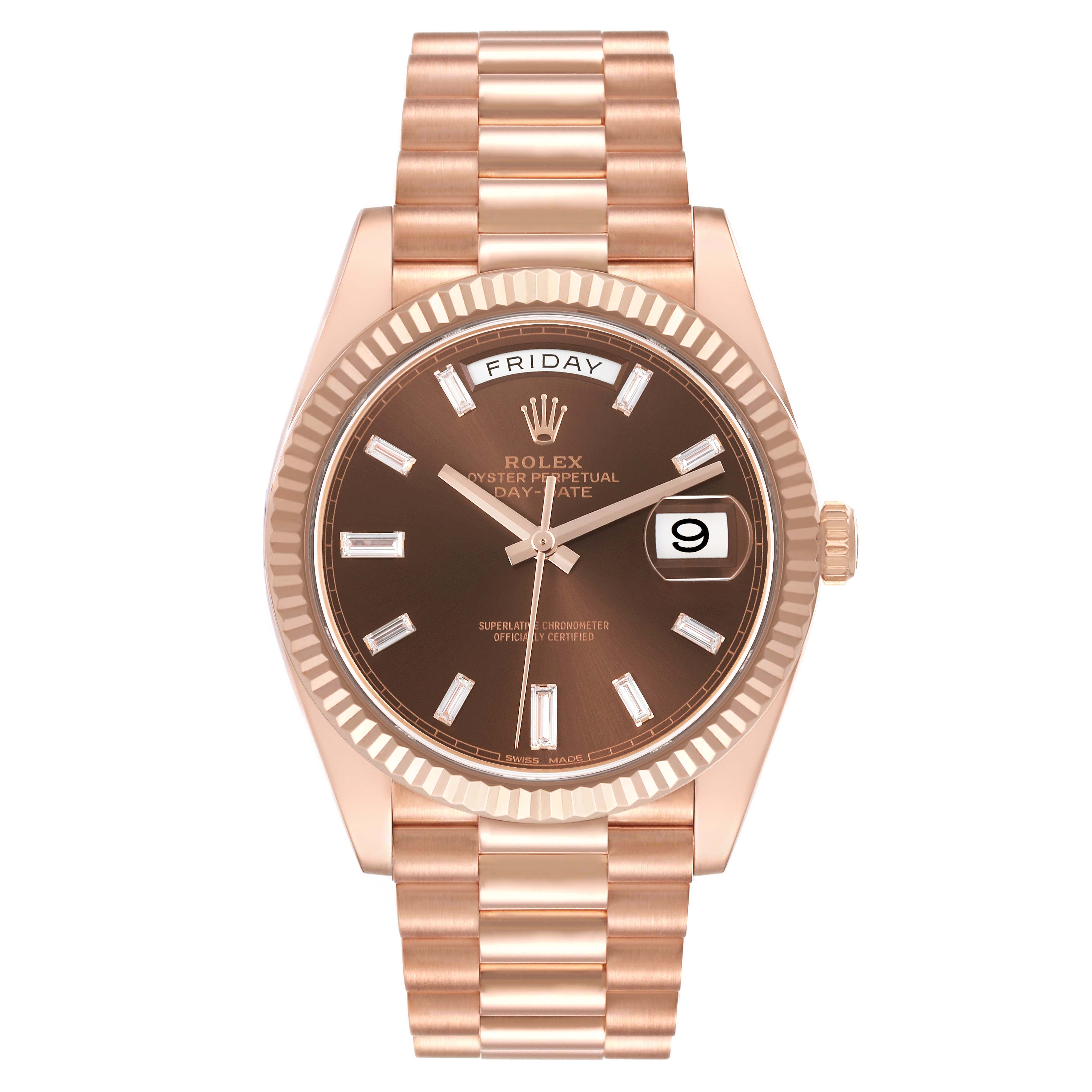 The Rolex President 228235 Men's Rose Gold Brown Dial 228235 Men's Rose Gold Brown Dial model is shown from a top-down angle, displaying the dial, bracelet, and crown.