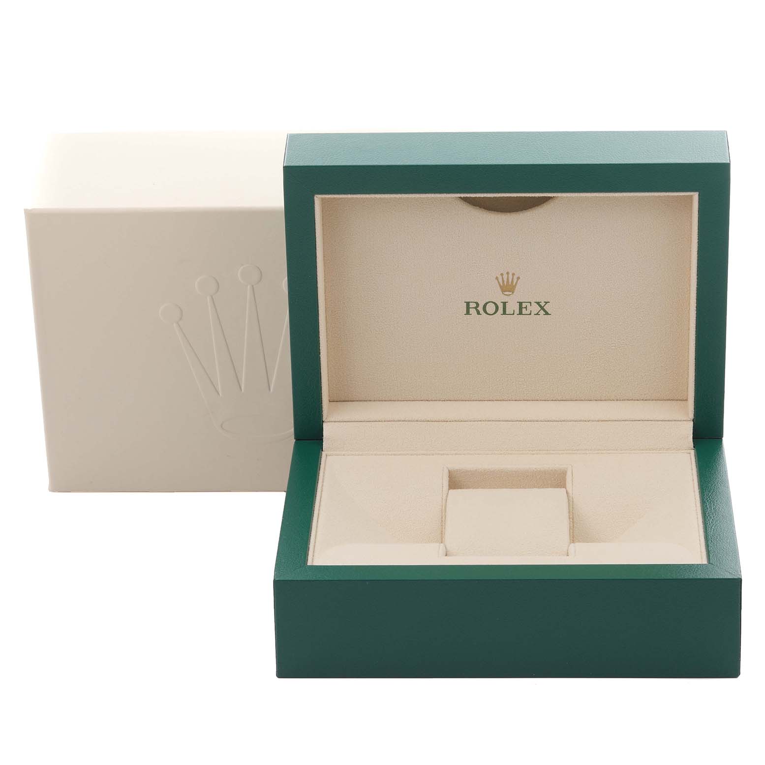 The image shows an open Rolex President 228235 Men's Rose Gold Brown Dial 228235 Men's Rose Gold Brown Dial model box with a green exterior and beige interior.