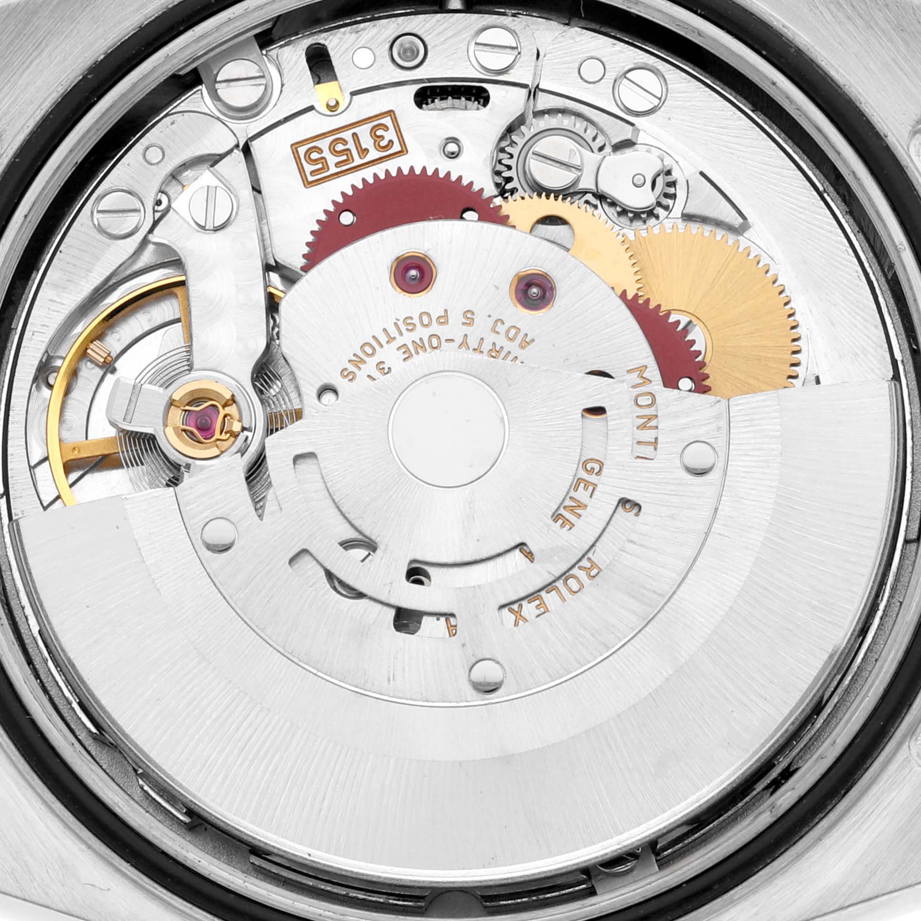This image shows the intricate internal mechanism of a Rolex President 118239 Men's White Gold Silver Dial 118239 Men's White Gold Silver Dial model watch from a close-up, back angle.
