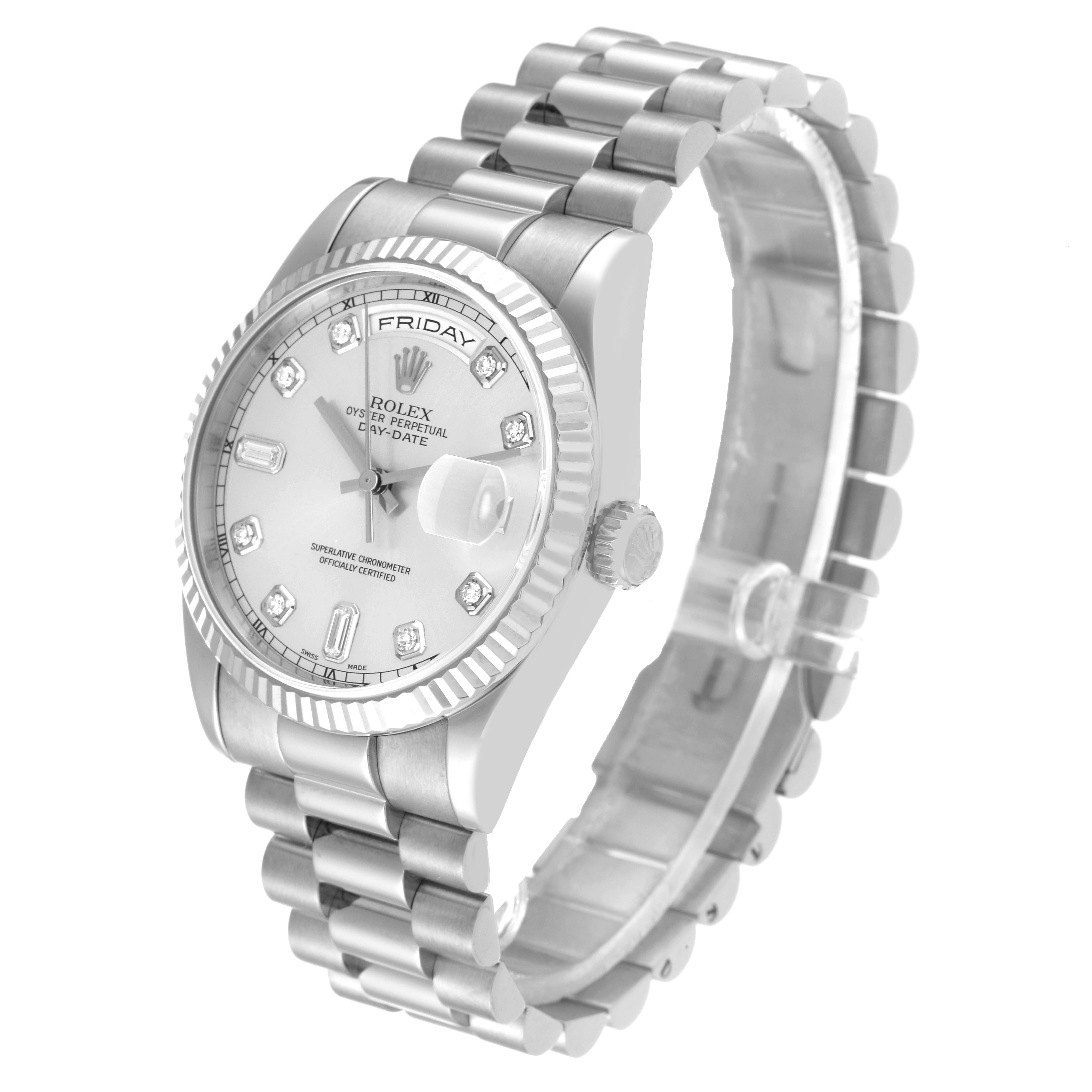 The image shows a Rolex President 118239 Men's White Gold Silver Dial 118239 Men's White Gold Silver Dial model watch at an angled side view, highlighting the dial, bezel, bracelet, and crown.