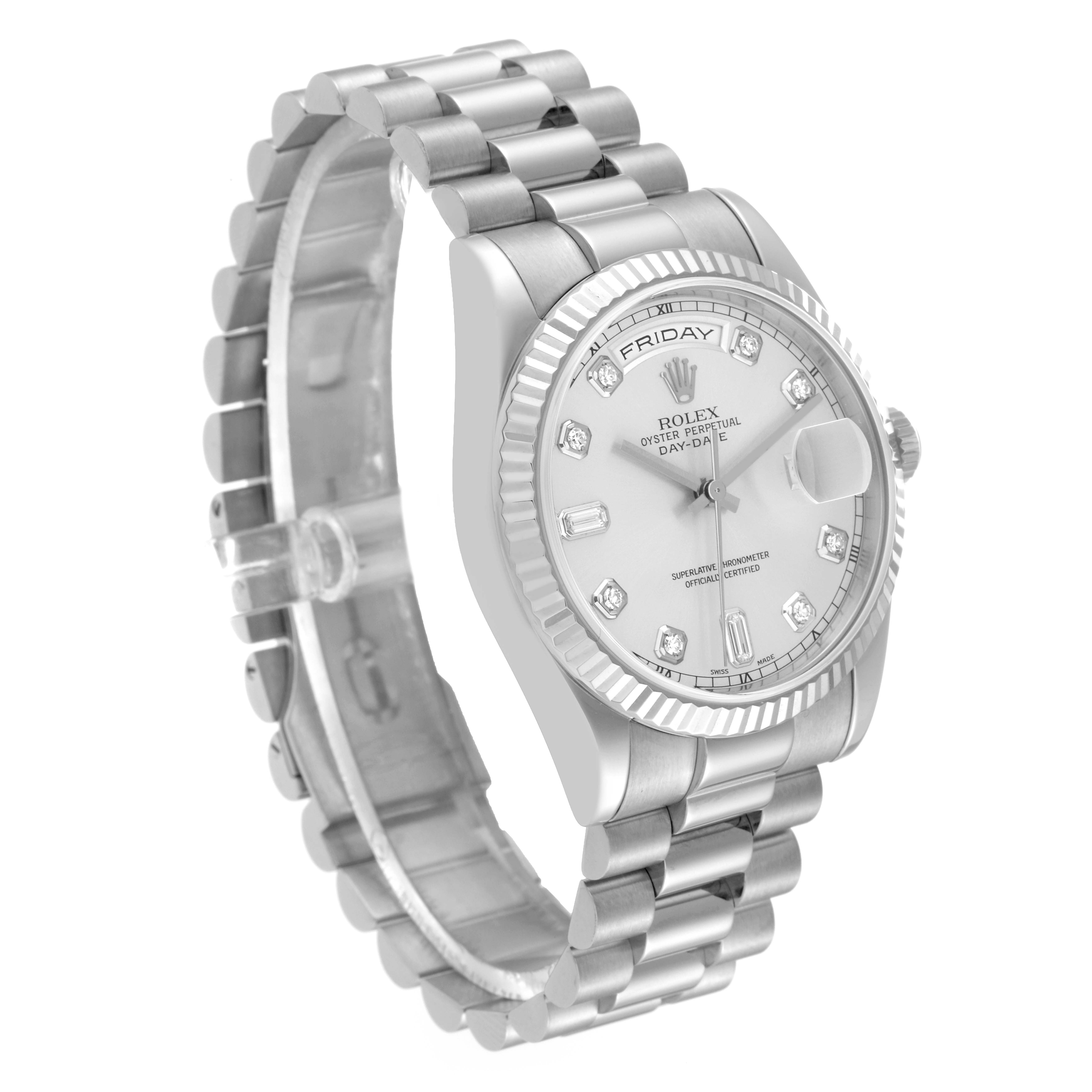 The President model Rolex watch is shown at an angle highlighting its face, bezel, and bracelet.