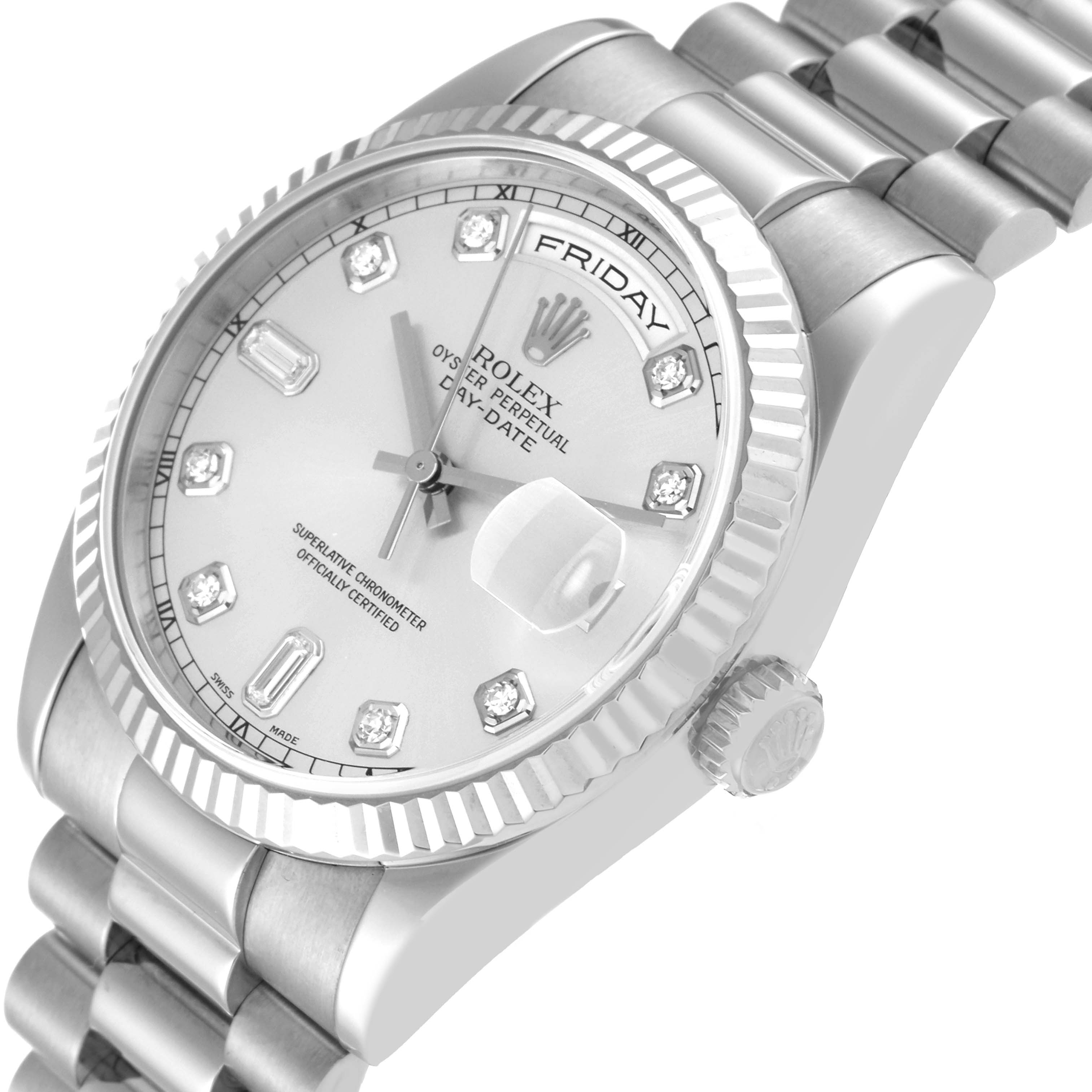 The Rolex President 118239 Men's White Gold Silver Dial 118239 Men's White Gold Silver Dial model watch is shown at a three-quarter angle, highlighting the face, bezel, and bracelet.