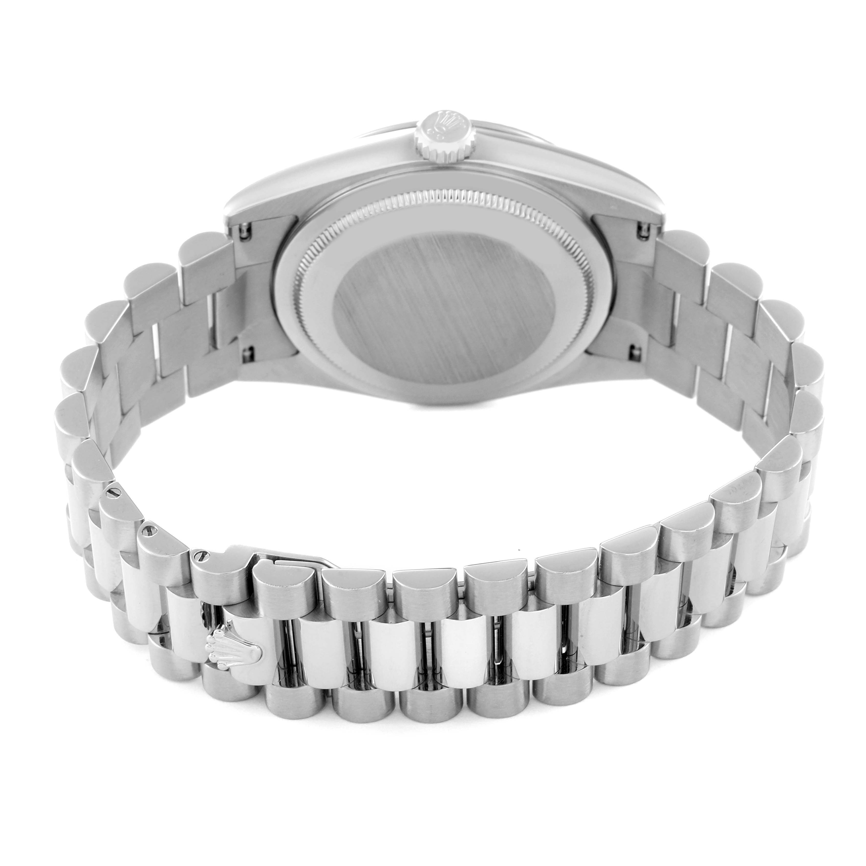 The image shows the back case and bracelet of the Rolex President 118239 Men's White Gold Silver Dial 118239 Men's White Gold Silver Dial model watch, viewed from a rear angle.