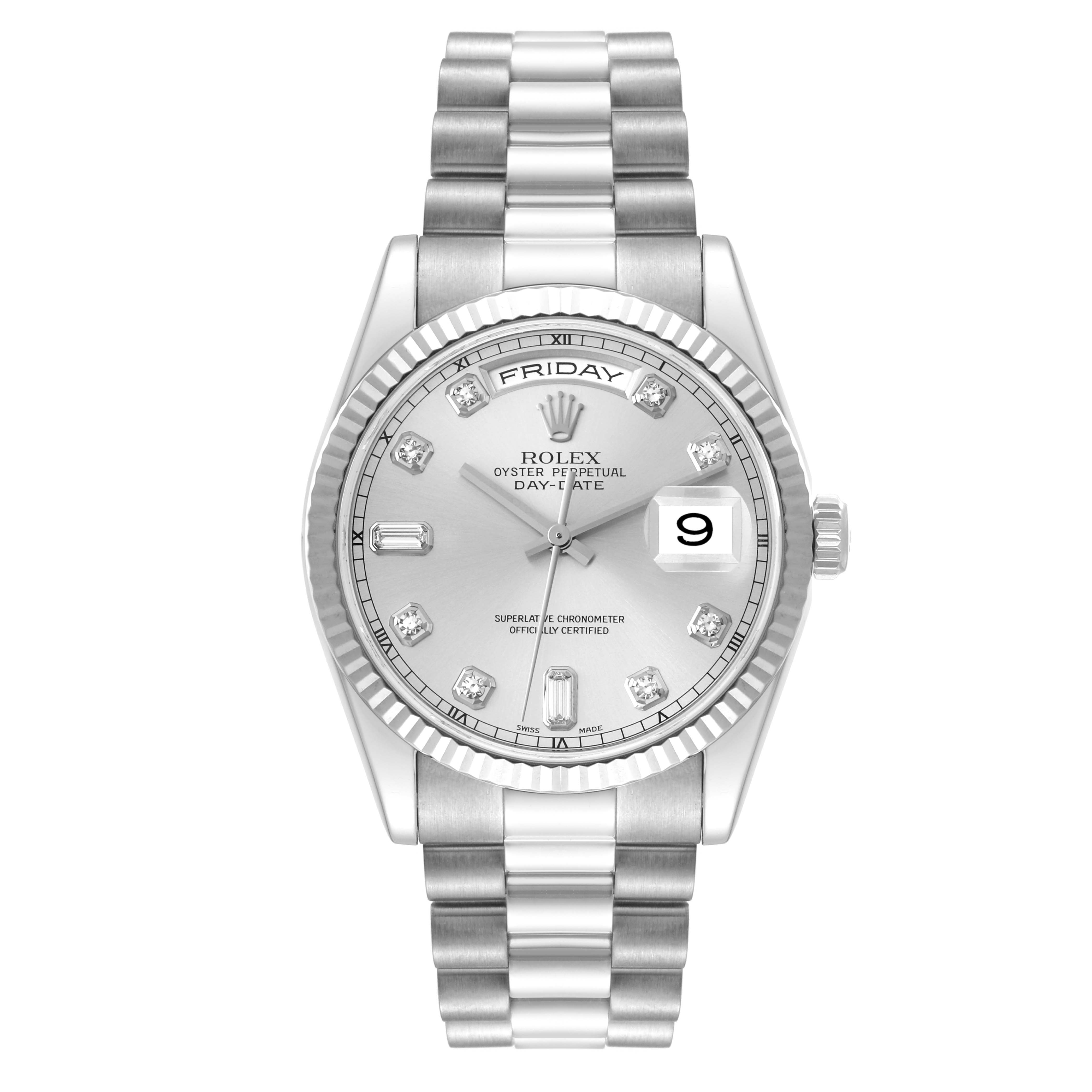 The image shows a frontal view of the Rolex President 118239 Men's White Gold Silver Dial 118239 Men's White Gold Silver Dial model watch, displaying its face, bracelet, and crown.
