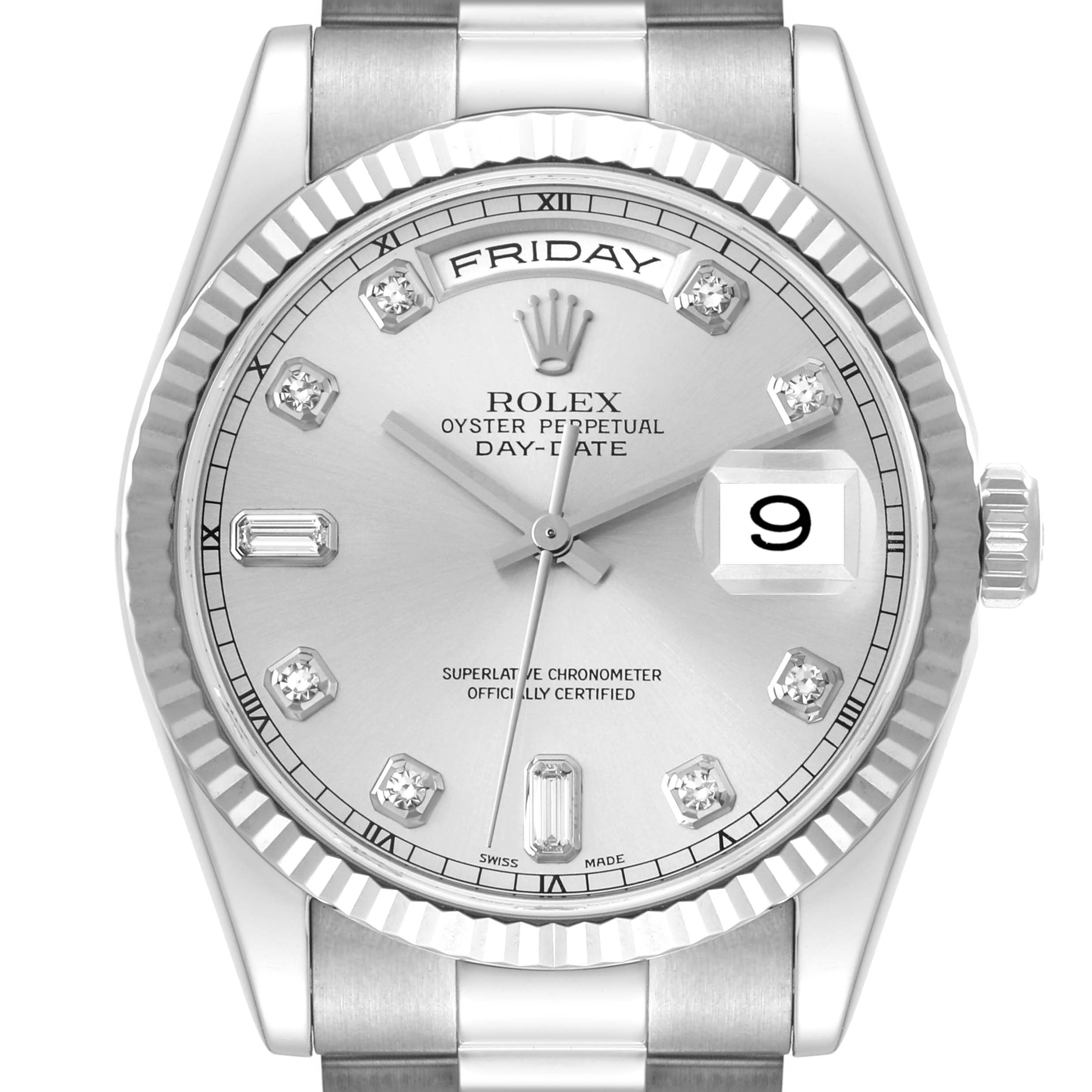 This image shows the Rolex President 118239 Men's White Gold Silver Dial 118239 Men's White Gold Silver Dial model watch from a front angle, highlighting the dial, day display, date window, and bezel.