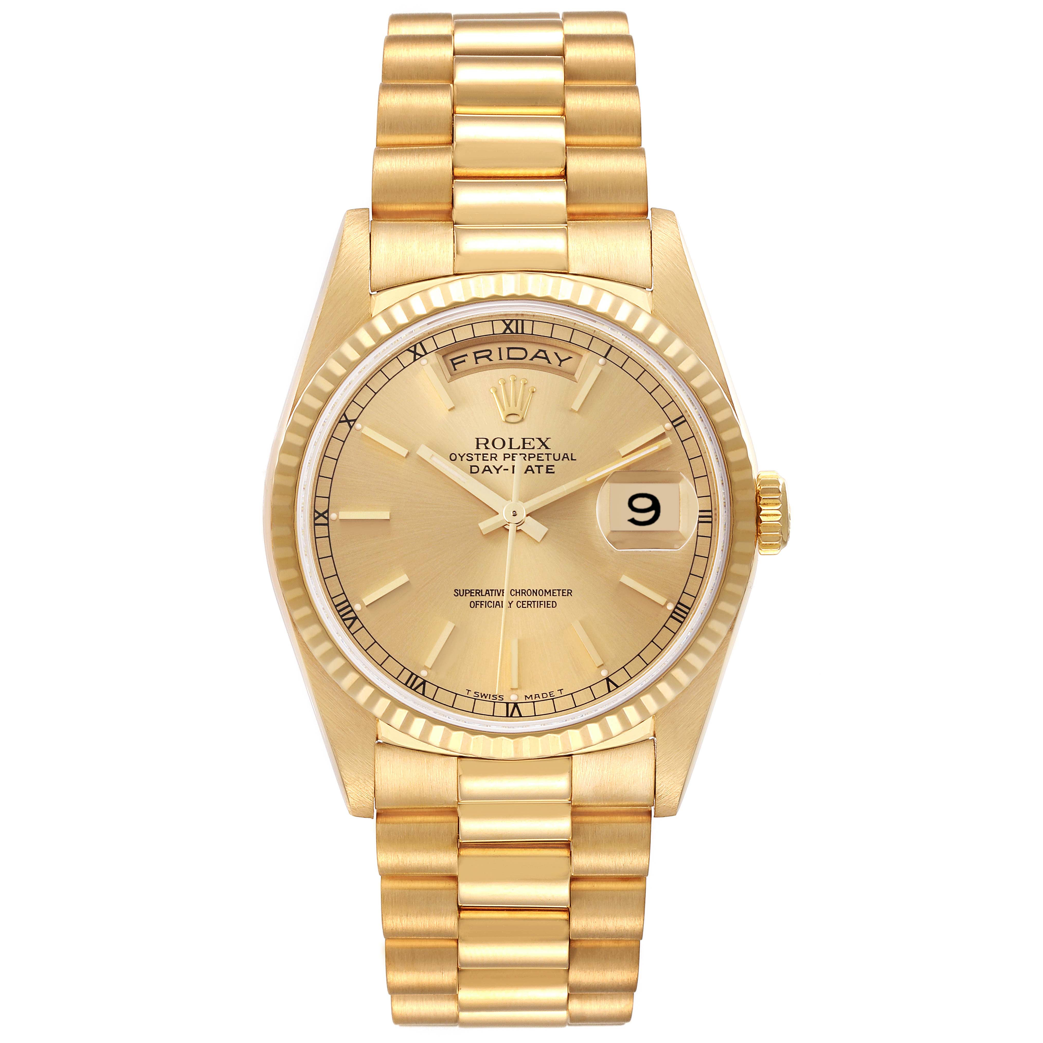 The Rolex President 18238 Men
s Yellow Gold Champagne Dial 18238 Men
s Yellow Gold Champagne Dial model is shown from a top view, displaying the watch face, bracelet, and crown.