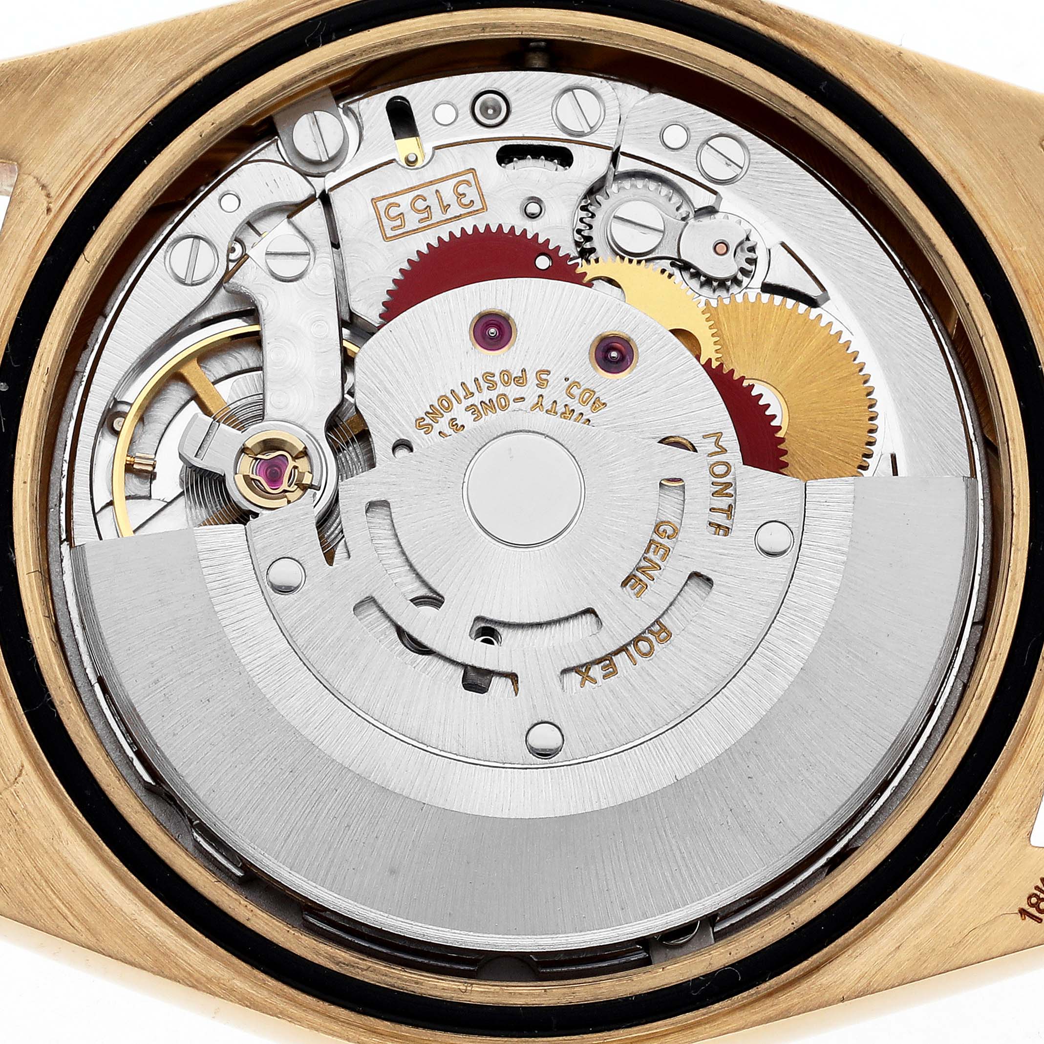 The image shows the movement and internal mechanics of a Rolex President 18238 Men
s Yellow Gold Champagne Dial 18238 Men
s Yellow Gold Champagne Dial model from a rear view angle.