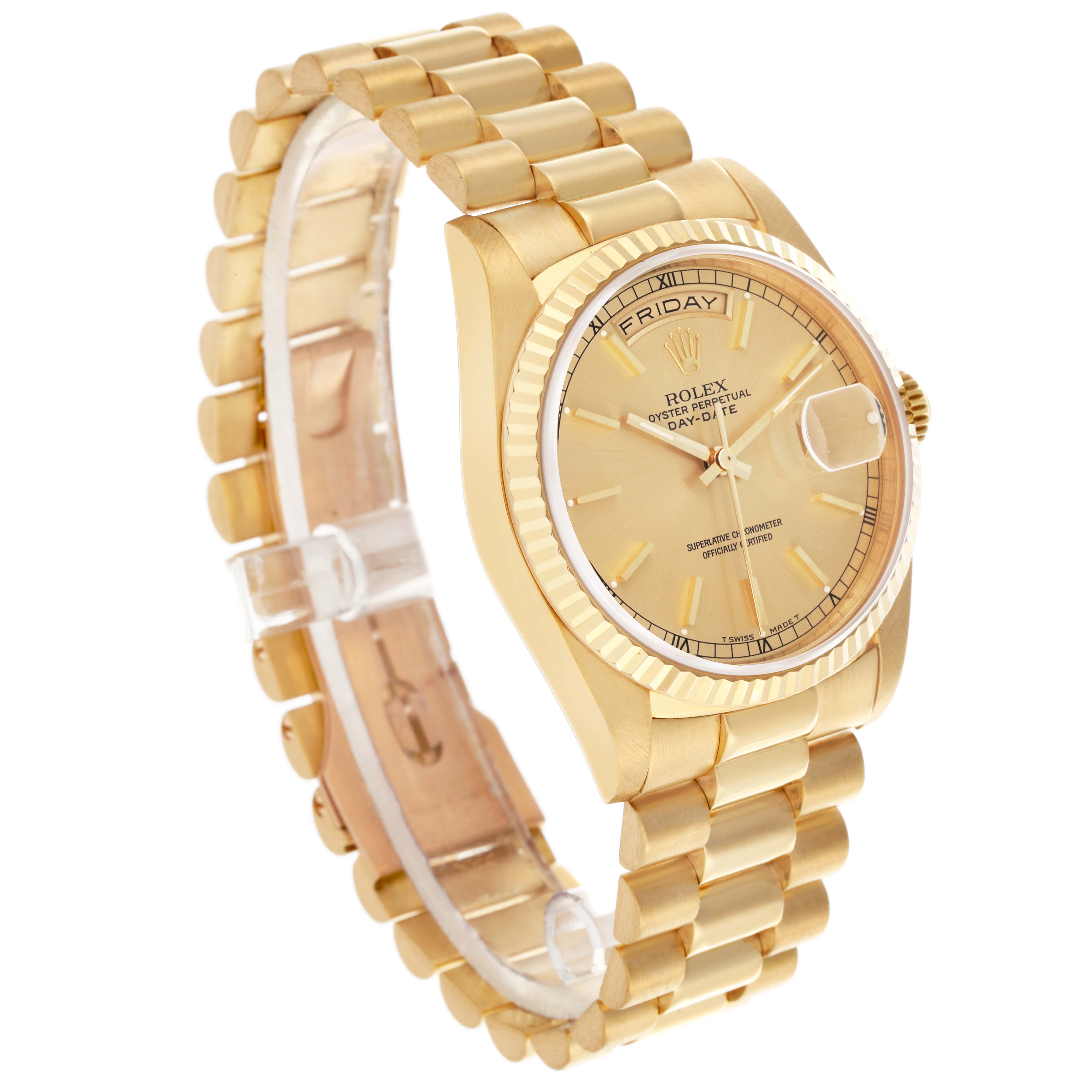 The image shows a Rolex President 18238 Men
s Yellow Gold Champagne Dial 18238 Men
s Yellow Gold Champagne Dial model from a side angle, highlighting the bracelet, case, and face with a day-date display.