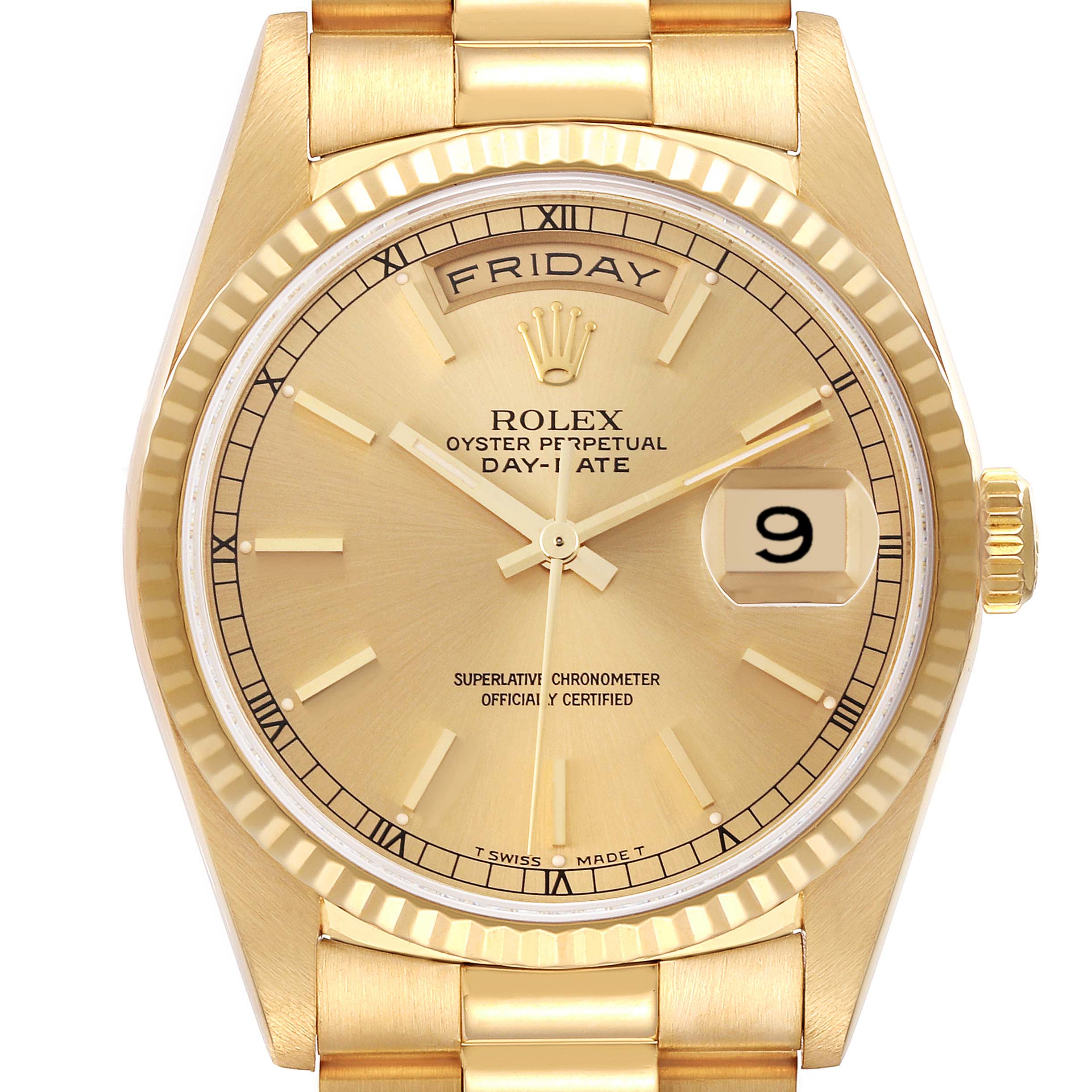 The image shows a front view of a Rolex President 18238 Men
s Yellow Gold Champagne Dial 18238 Men
s Yellow Gold Champagne Dial watch, highlighting the dial, day, date, hands, and fluted bezel.
