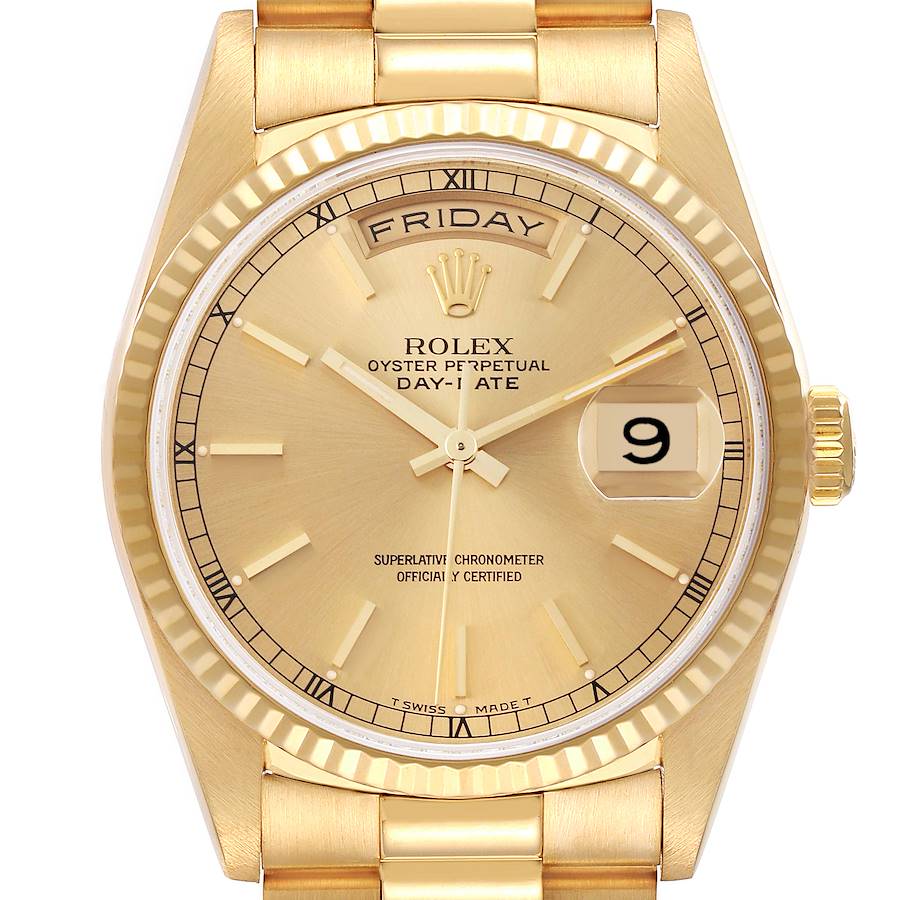 The image shows a front view of a Rolex President watch, highlighting the dial, day, date, hands, and fluted bezel.