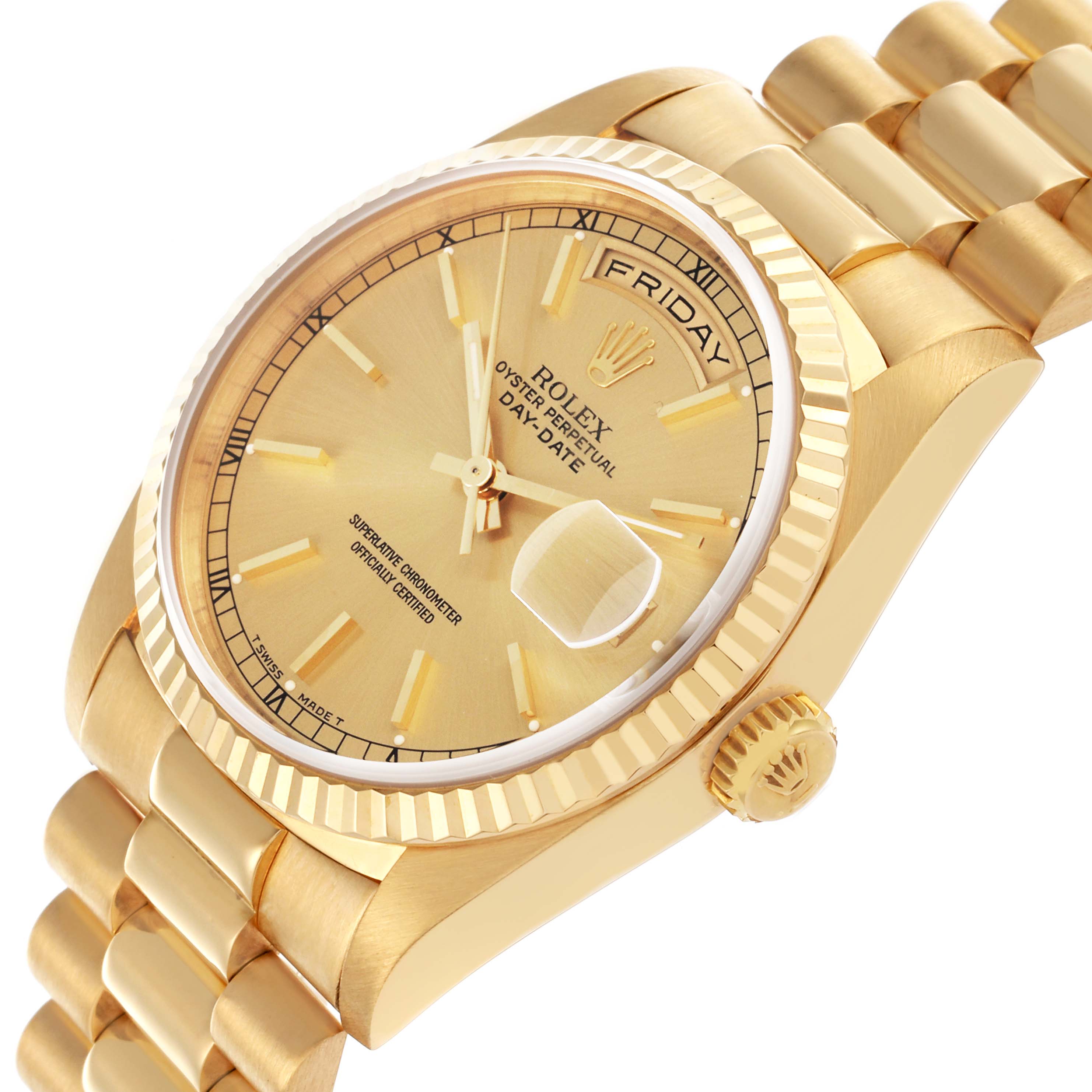 The Rolex President 18238 Men
s Yellow Gold Champagne Dial 18238 Men
s Yellow Gold Champagne Dial model is shown at a slight angle, displaying the dial, fluted bezel, and part of the bracelet.