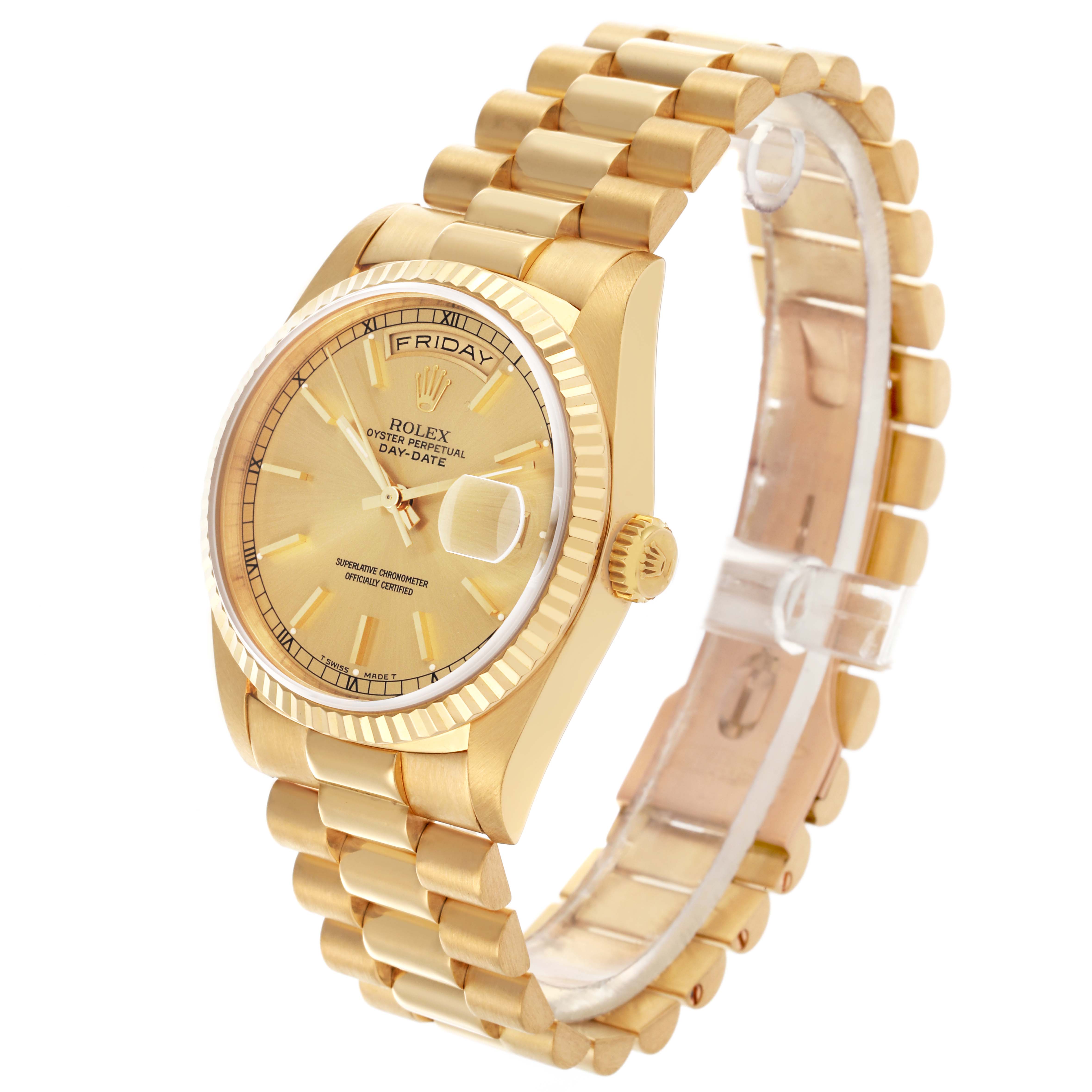 The Rolex President 18238 Men
s Yellow Gold Champagne Dial 18238 Men
s Yellow Gold Champagne Dial model watch is shown at an angle displaying the dial, bracelet, case, and crown.