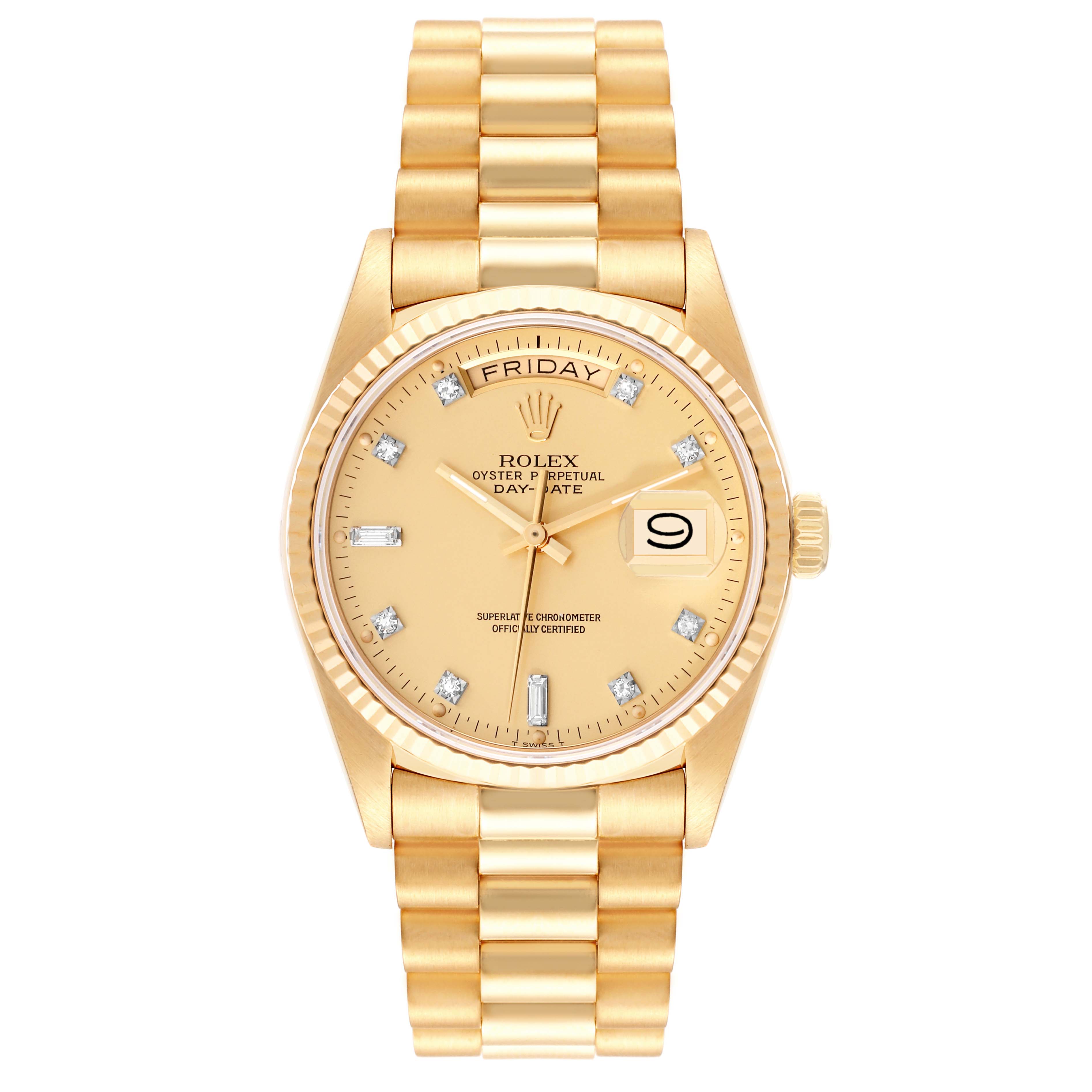 This image shows a front view of the Rolex President 18038 Men
s Yellow Gold Champagne Dial 18038 Men
s Yellow Gold Champagne Dial model watch, highlighting its dial, bracelet, and bezel.