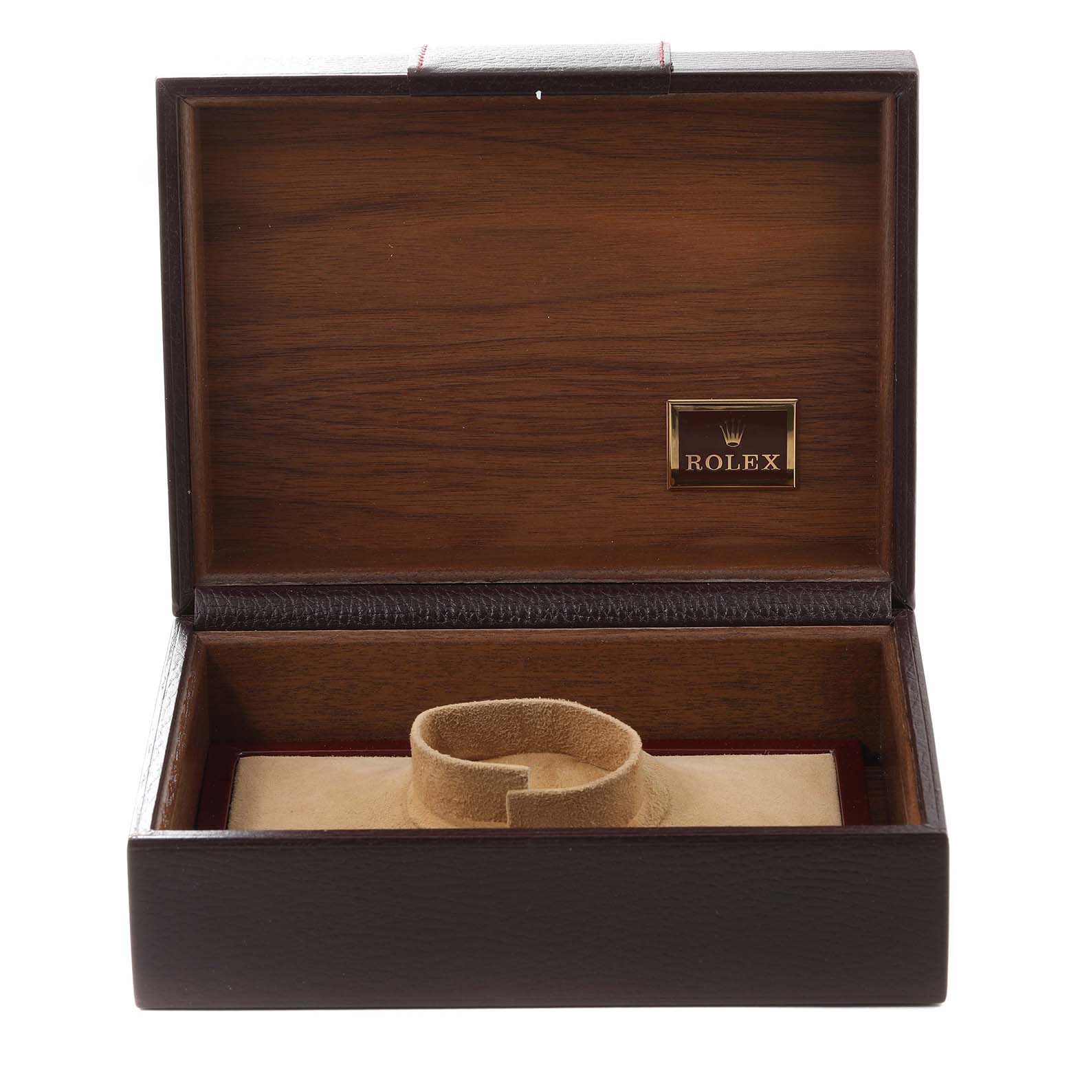 This image shows an open wooden box with a beige cushion and a logo plaque for Rolex President 18038 Men
s Yellow Gold Champagne Dial 18038 Men
s Yellow Gold Champagne Dial model watches.