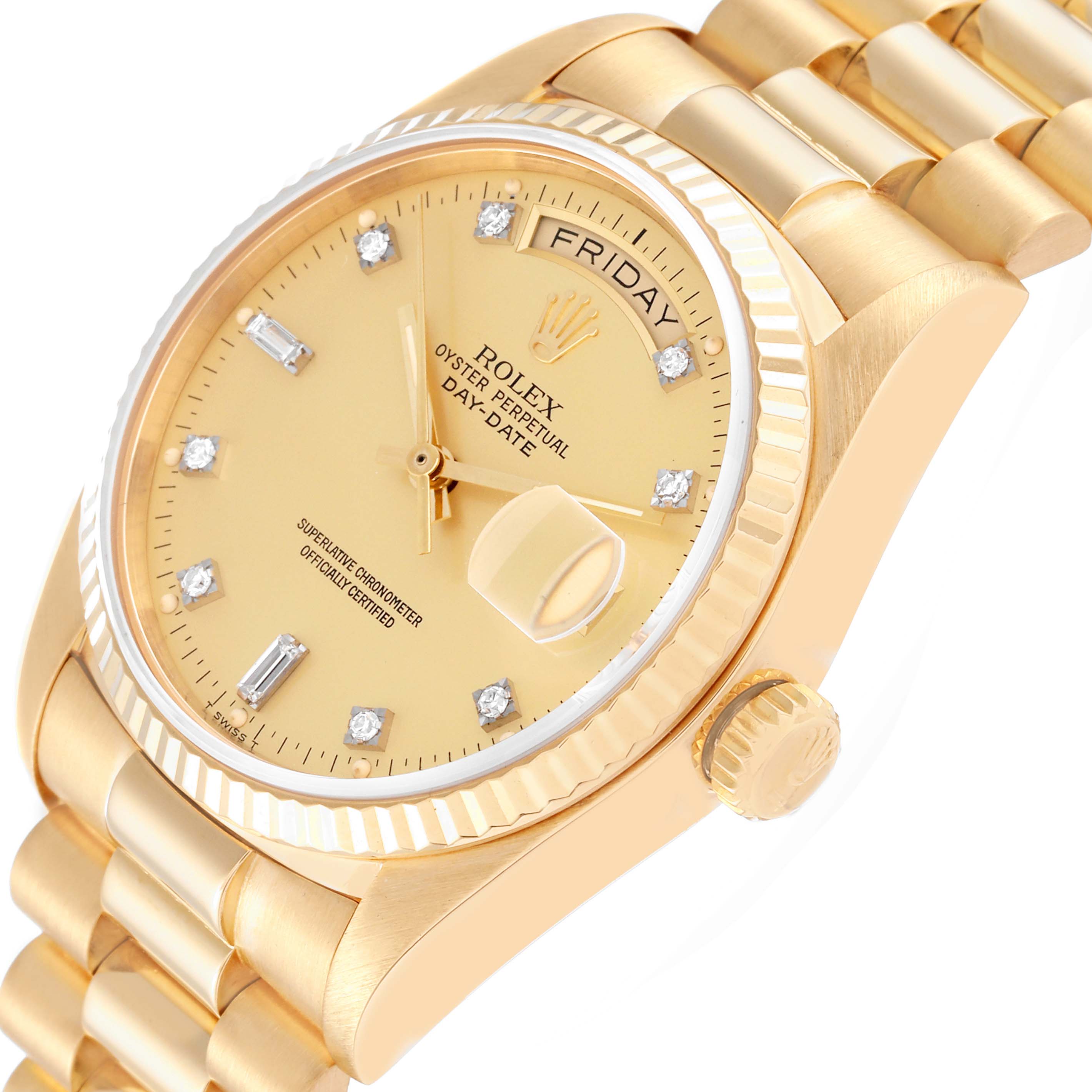 This image shows the Rolex President 18038 Men
s Yellow Gold Champagne Dial 18038 Men
s Yellow Gold Champagne Dial model watch at an angle highlighting its face, crown, and bracelet.