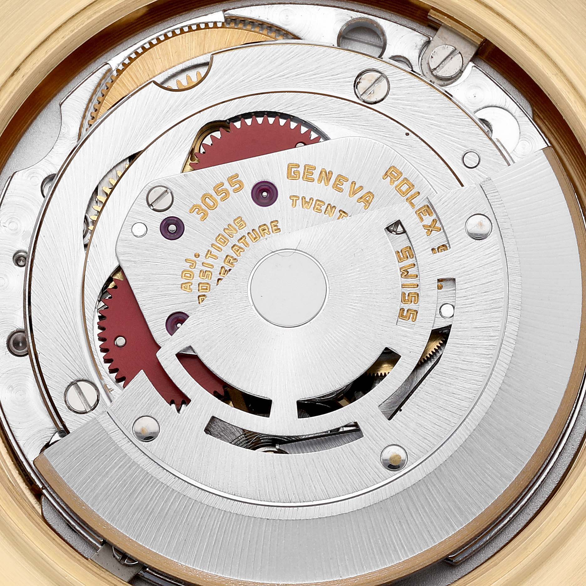 This image shows the intricate movement mechanism of a Rolex President 18038 Men
s Yellow Gold Champagne Dial 18038 Men
s Yellow Gold Champagne Dial model watch from a close-up angle.