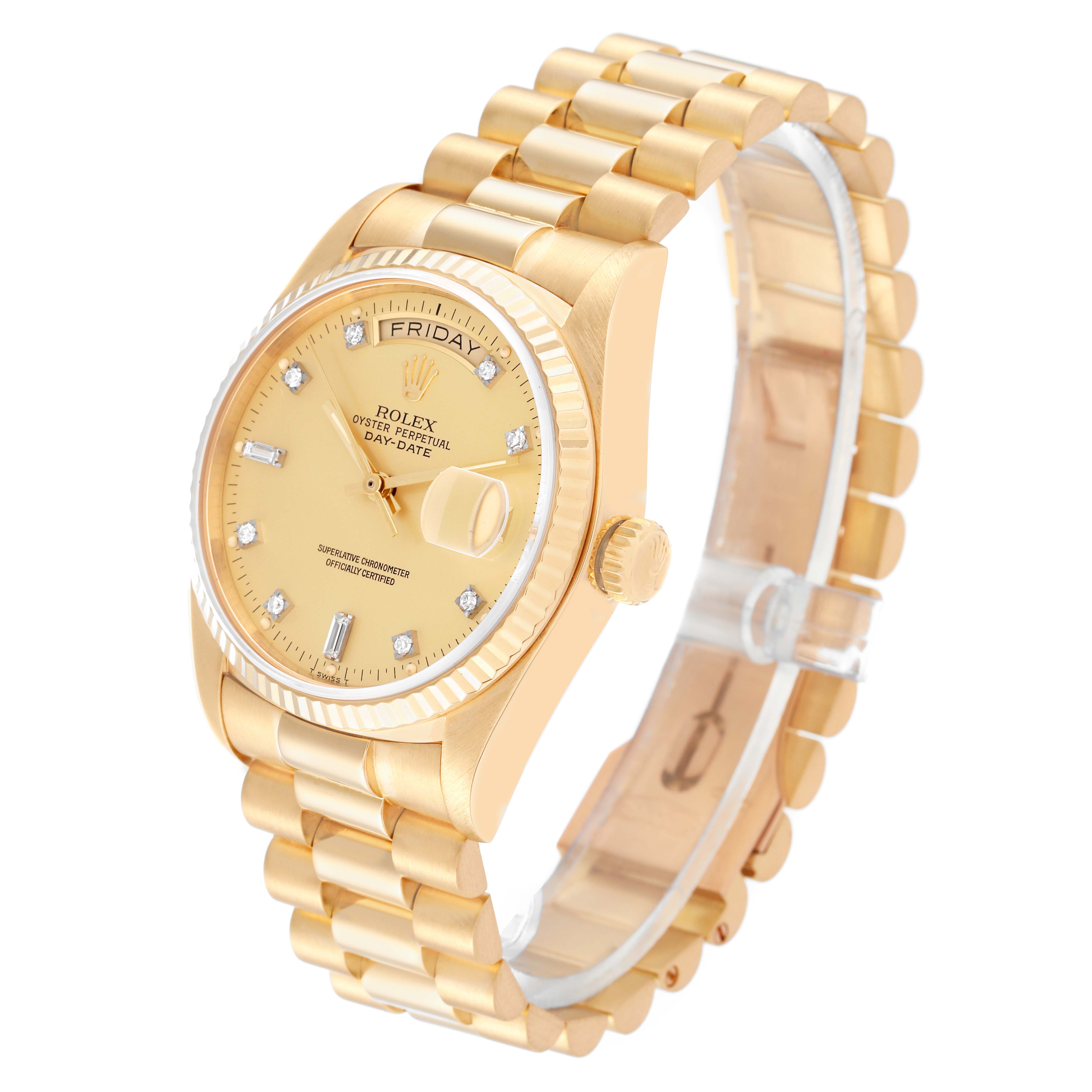 This image shows a Rolex President 18038 Men
s Yellow Gold Champagne Dial 18038 Men
s Yellow Gold Champagne Dial model watch at an angled view, displaying its face, bracelet, and crown.