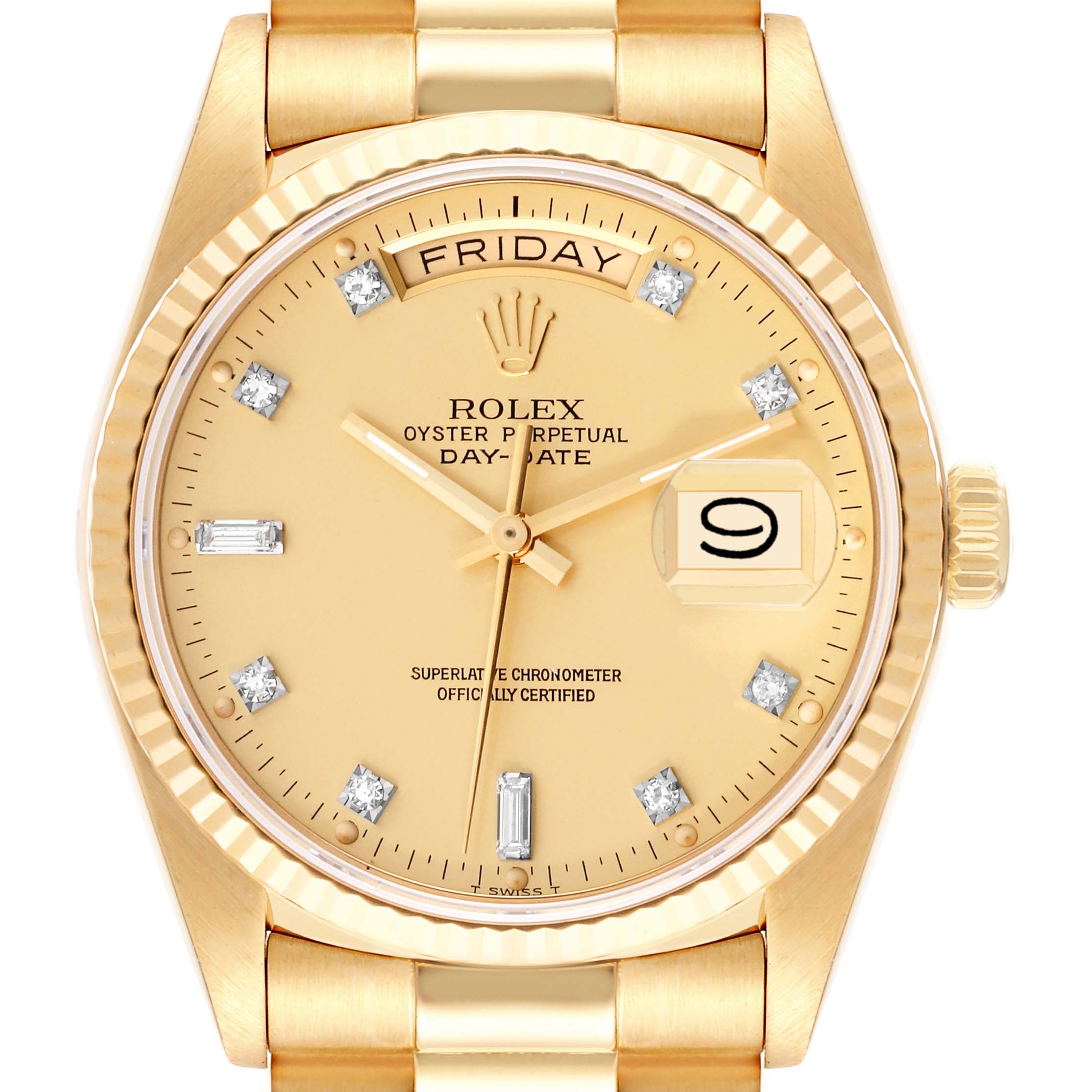This image shows a frontal view of a Rolex President 18038 Men
s Yellow Gold Champagne Dial 18038 Men
s Yellow Gold Champagne Dial Day-Date watch, showcasing its dial, bezel, and part of the bracelet.