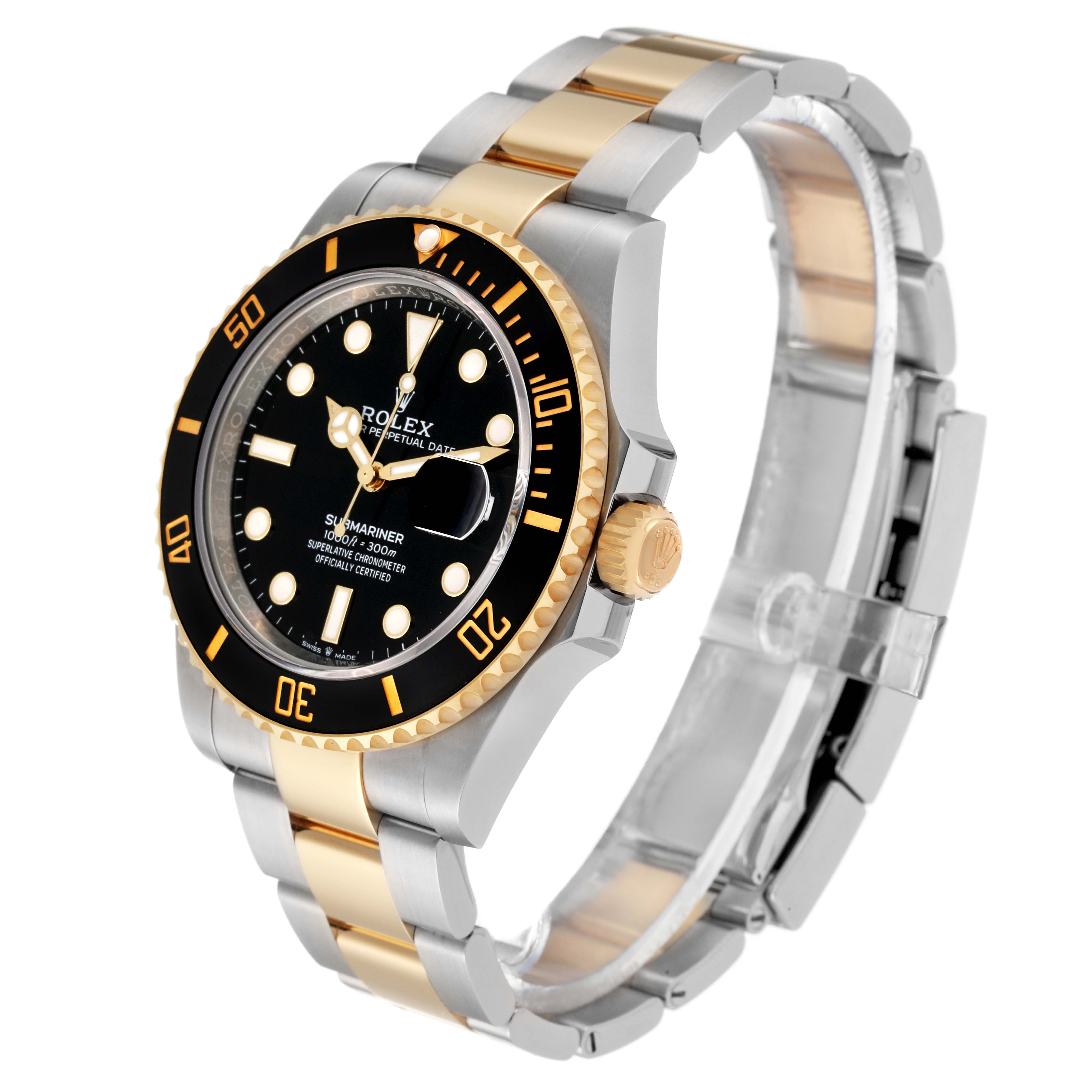 The image shows a side angle of the Rolex Submariner 126613LN Men
s Steel and Gold (two tone) Black Dial 126613LN Men
s Steel and Gold (two tone) Black Dial watch, highlighting its black dial, gold and silver bracelet, and bezel.
