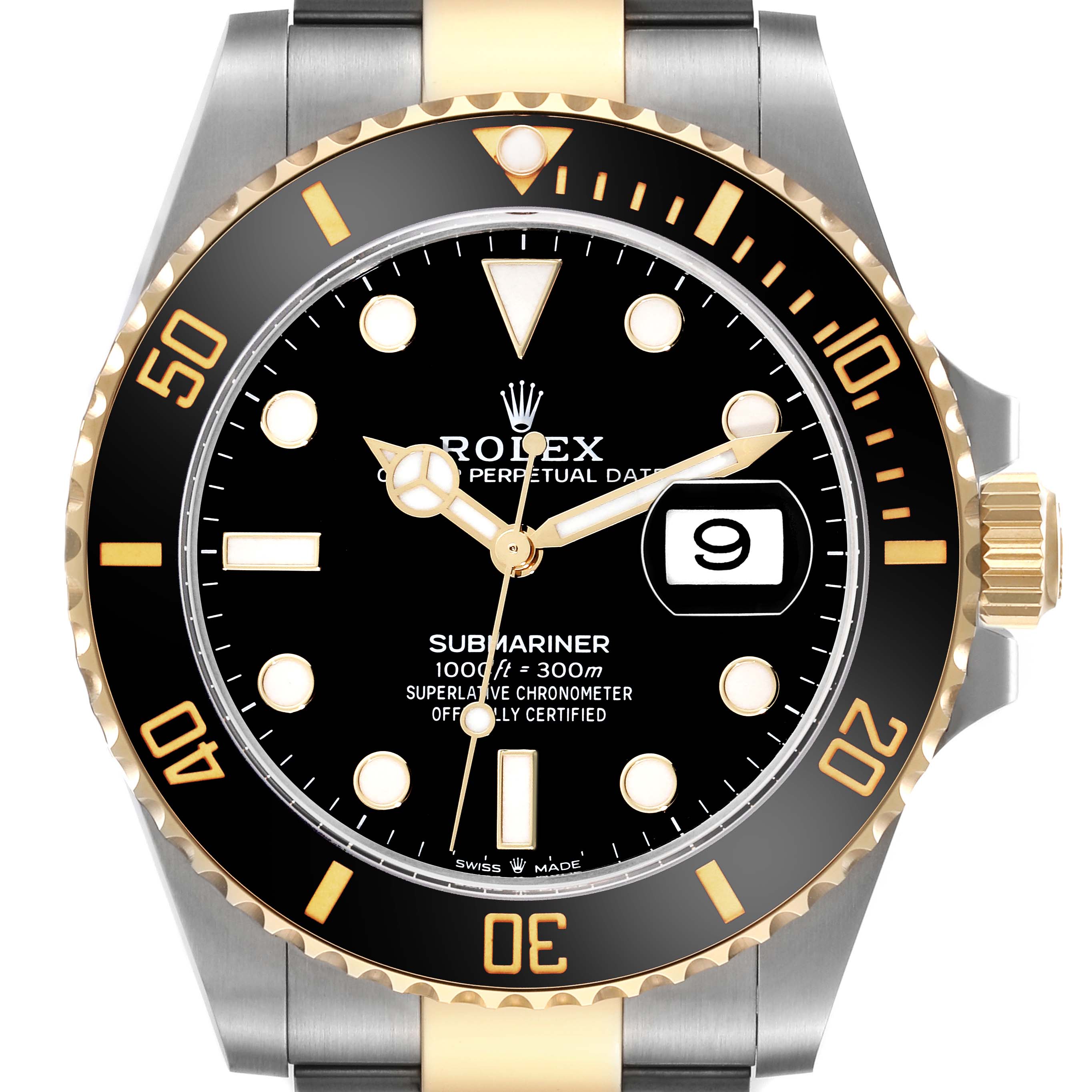 The image shows the front view of a Rolex Submariner 126613LN Men
s Steel and Gold (two tone) Black Dial 126613LN Men
s Steel and Gold (two tone) Black Dial watch, highlighting the dial, bezel, crown, and a portion of the bracelet.