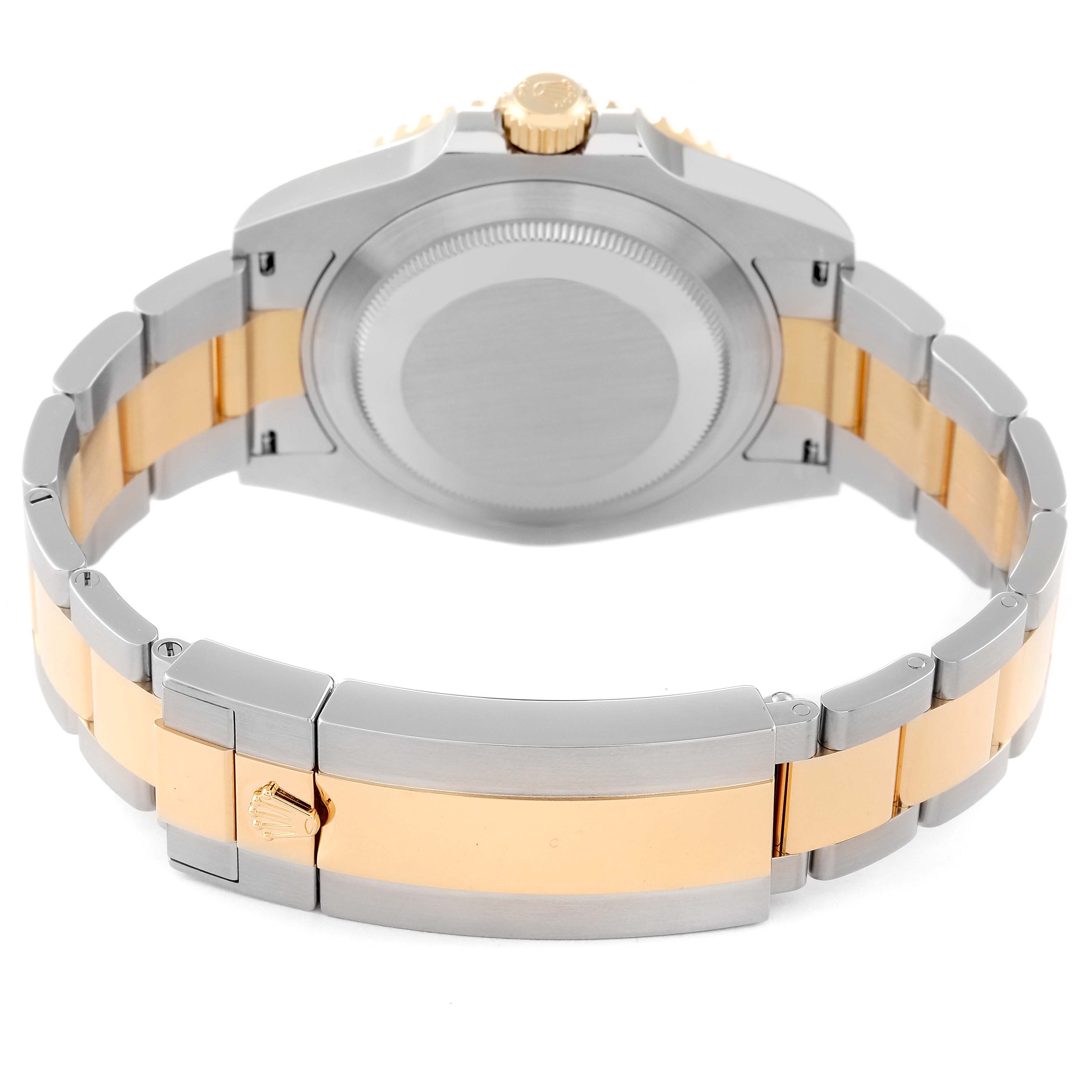 The image shows the back view of a Rolex Submariner 126613LN Men
s Steel and Gold (two tone) Black Dial 126613LN Men
s Steel and Gold (two tone) Black Dial, displaying its case back, bracelet, and clasp.